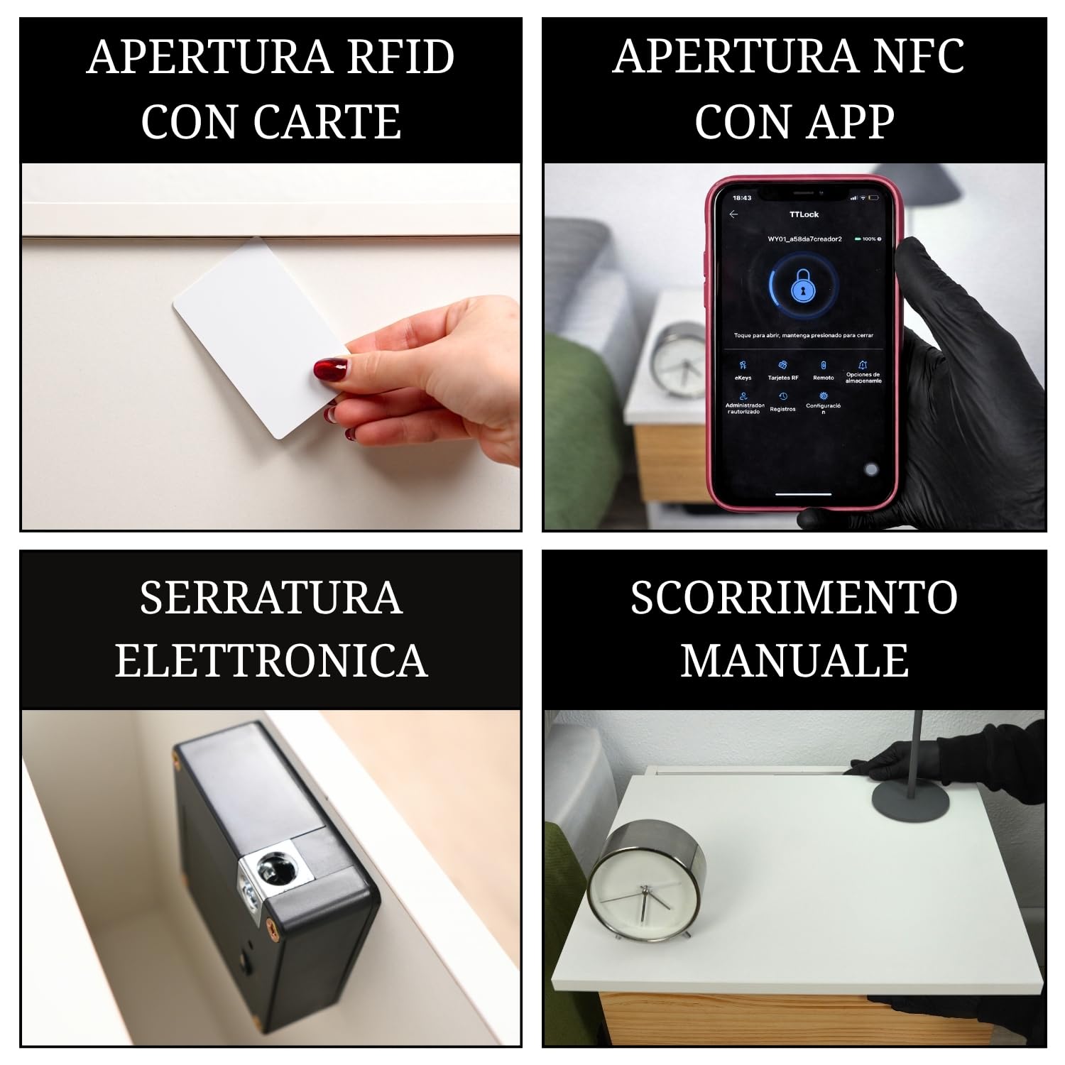Comodino bianco compartimento segreto serratura NFC App camuffato cassaforte invisibile vano nascosto doppio fondo comodino occultato arredo antifurto mobile spia per soldi gioielli documenti chiavi