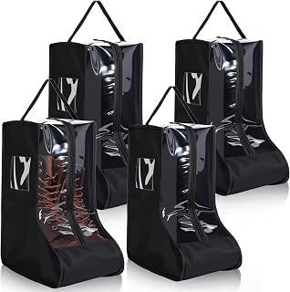 Sanwuta 4 Pack Black Portable Boot Storage Bags for Cowboy Boots & Tall Boots - Waterproof Oxford Cloth Travel Organizers with Clear Window