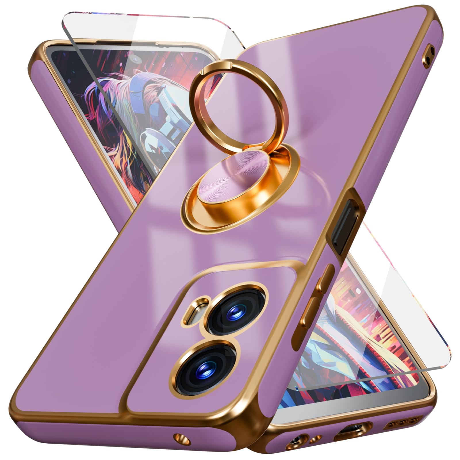 for Moto G 5G 2024 Case,+Screen Protector,with Magnetic Kickstand,Built-in 360° Rotation Ring Holder,Plating Gold Edge Slim Soft TPU Shockproof