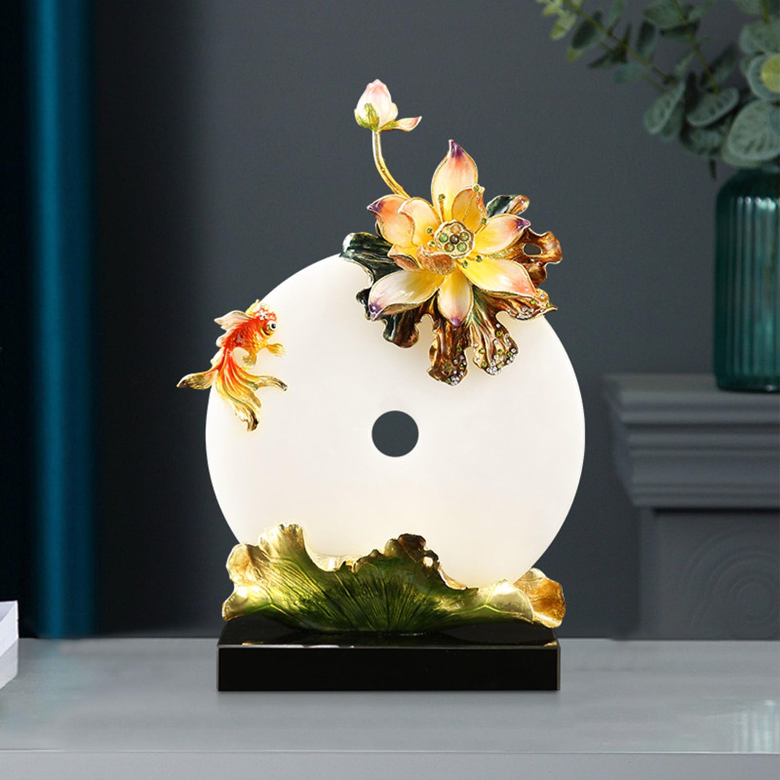 Dysk Jadeit Pi z lotosem Cloisonné - ozdoba bogactwa i pokoju Feng Shui, ręcznie robiony chiński wystrój emalii z kamieniami szlachetnymi na biurko w domu, ołtarz, prezent,26 * 12 * 40CM