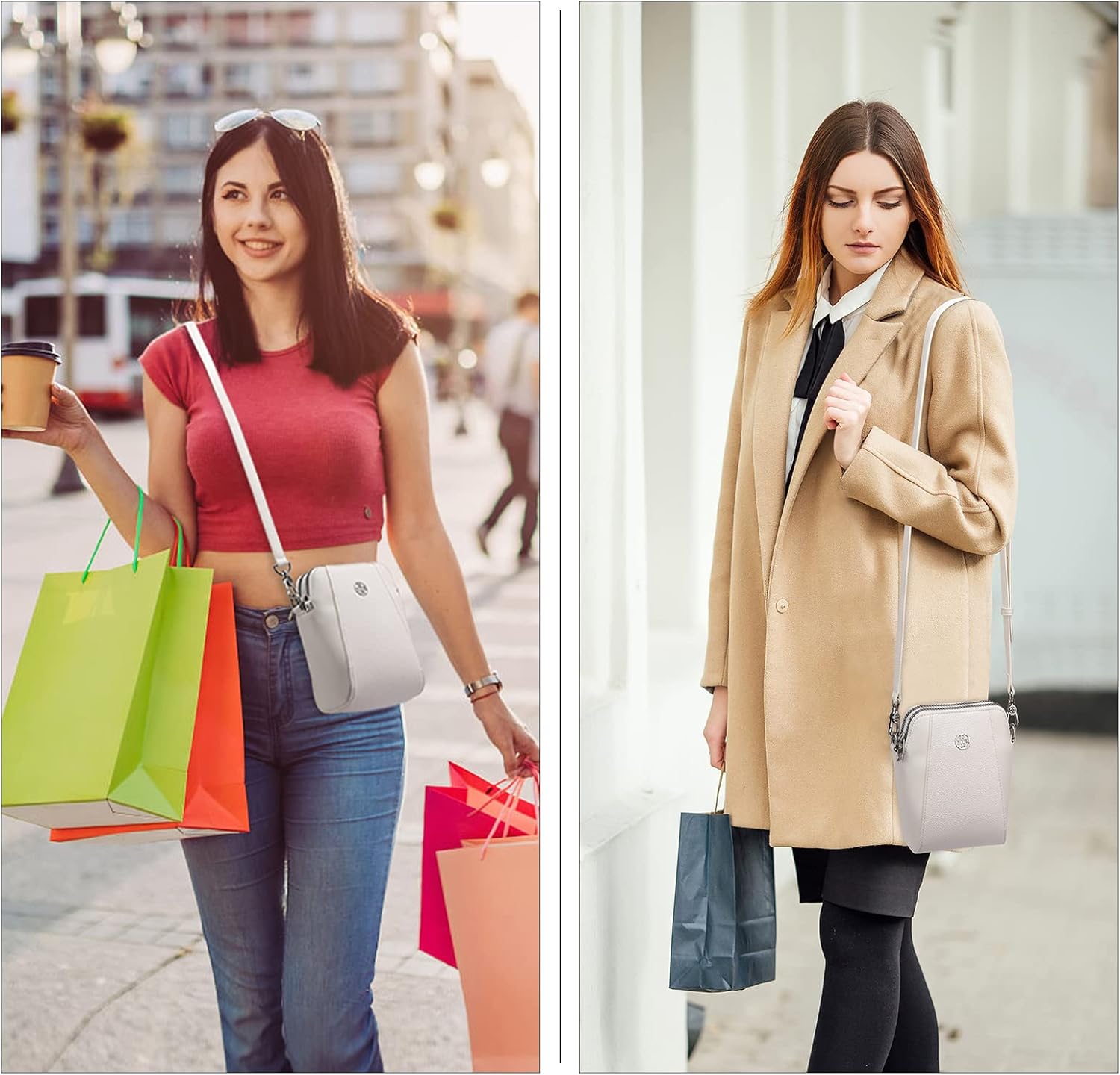 Leather Cell Phone Bag Wallet Purse Crossbody Bag for Women Shoulder Bags Adjustable Strap Double Zip Bags