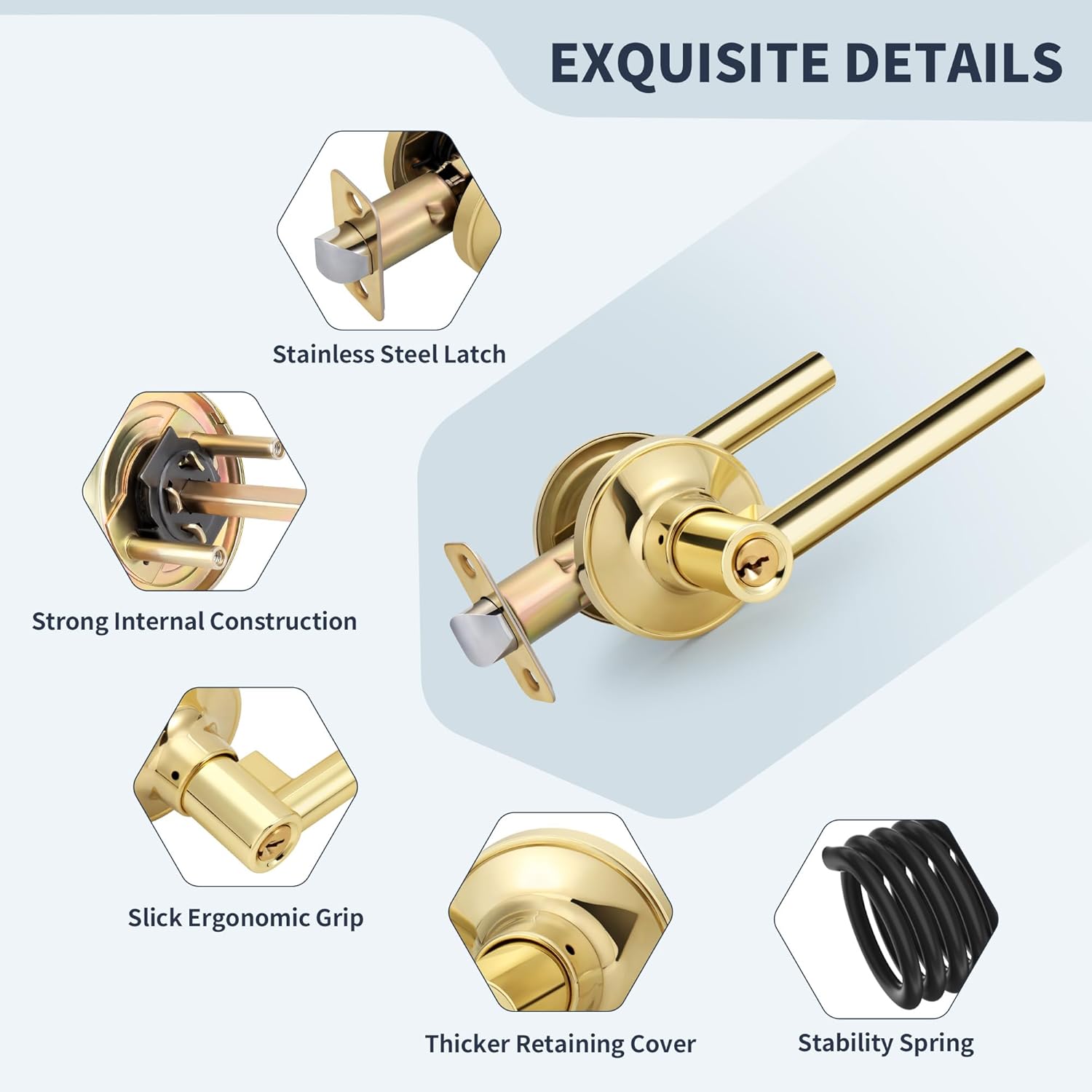 Polished Gold Round Style Door Handle with Lock and Key, Keyed Entry Reversible Door Lever for Office or Front Door, Polished Brass Finish