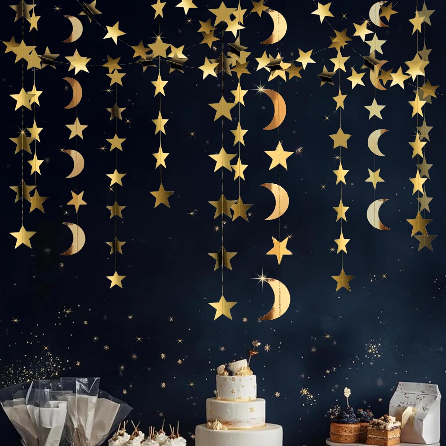 Gold Moon and Stars Decor Star Garland Decorations Hanging Twinkle Little Star Birthday Baby Shower Graduation Starry Night EID Ramadan Muburak Backdrop Party Decor