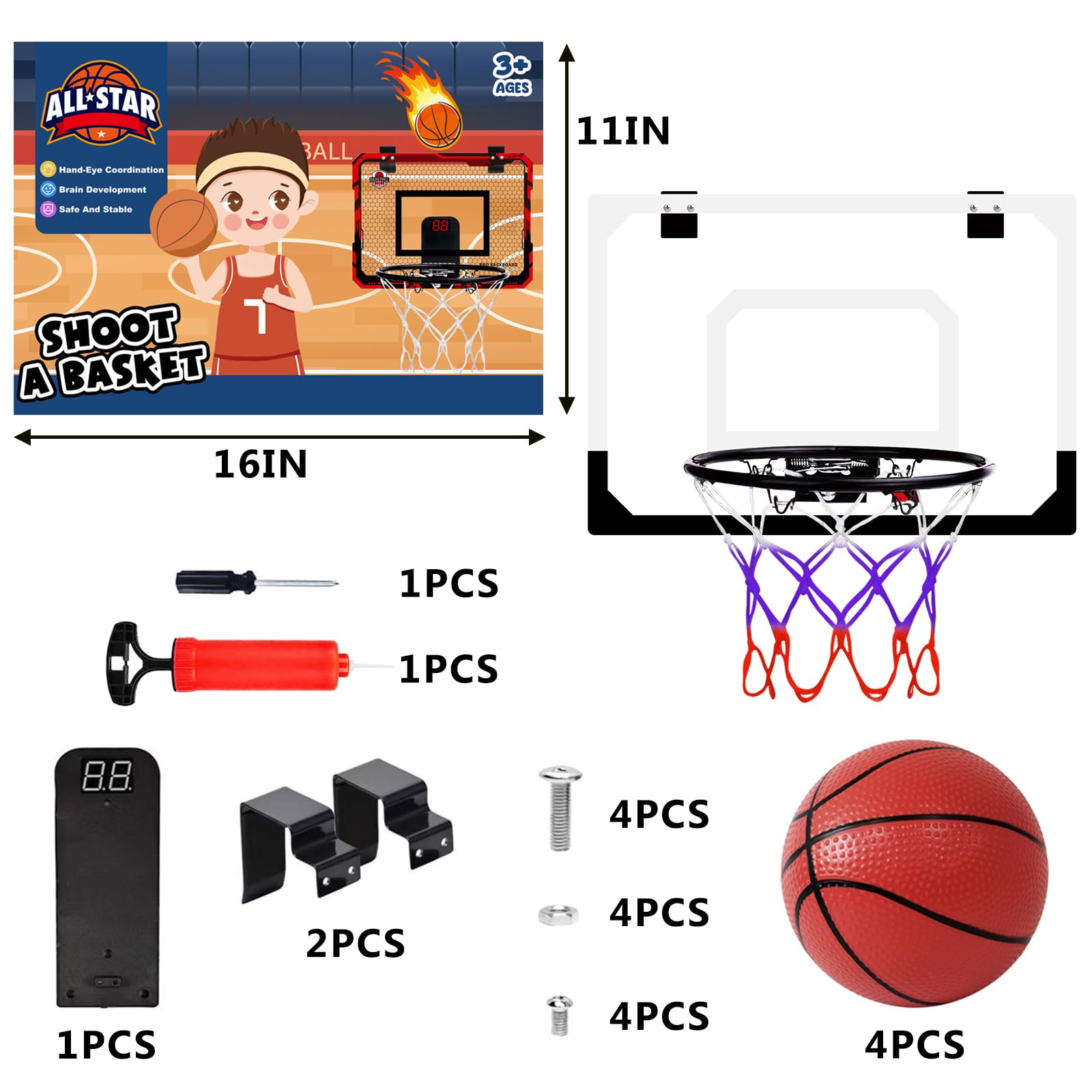 Mini Canasta Baloncesto para Niños, Aro de Baloncesto Interior Exterior Montado en la Pared, Kit de aro de Baloncesto Profesional con 4 Pelotas, Regalo para Niños y Niñas