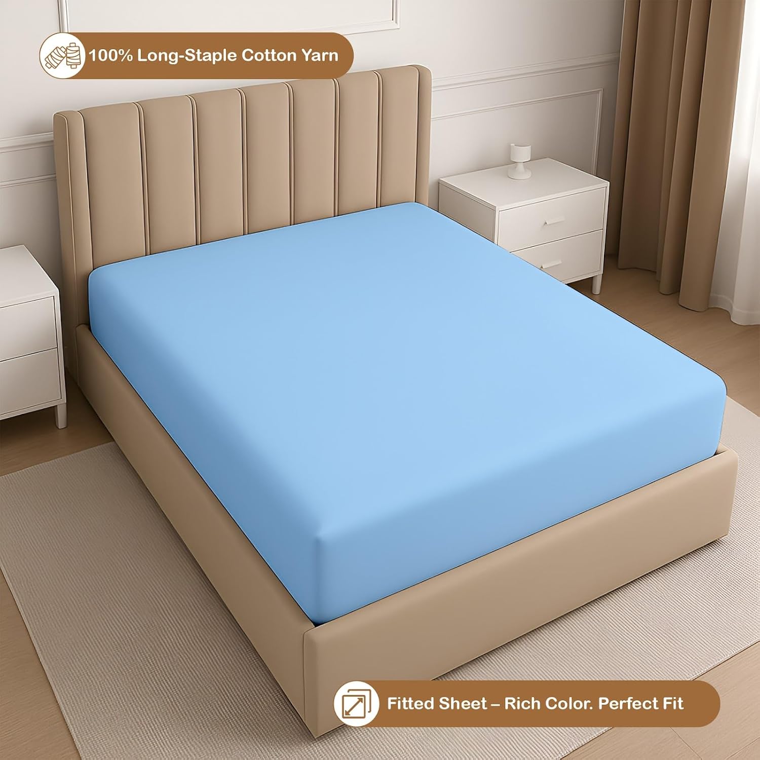 ARlinen 1 PC Queen Fitted Sheet Only, 100% Egytipan Cotton Bottom Sheets, Ultra-Soft, Deep Pocket Fits Up to 12-Inch Mattress, Light Blue - Image 3