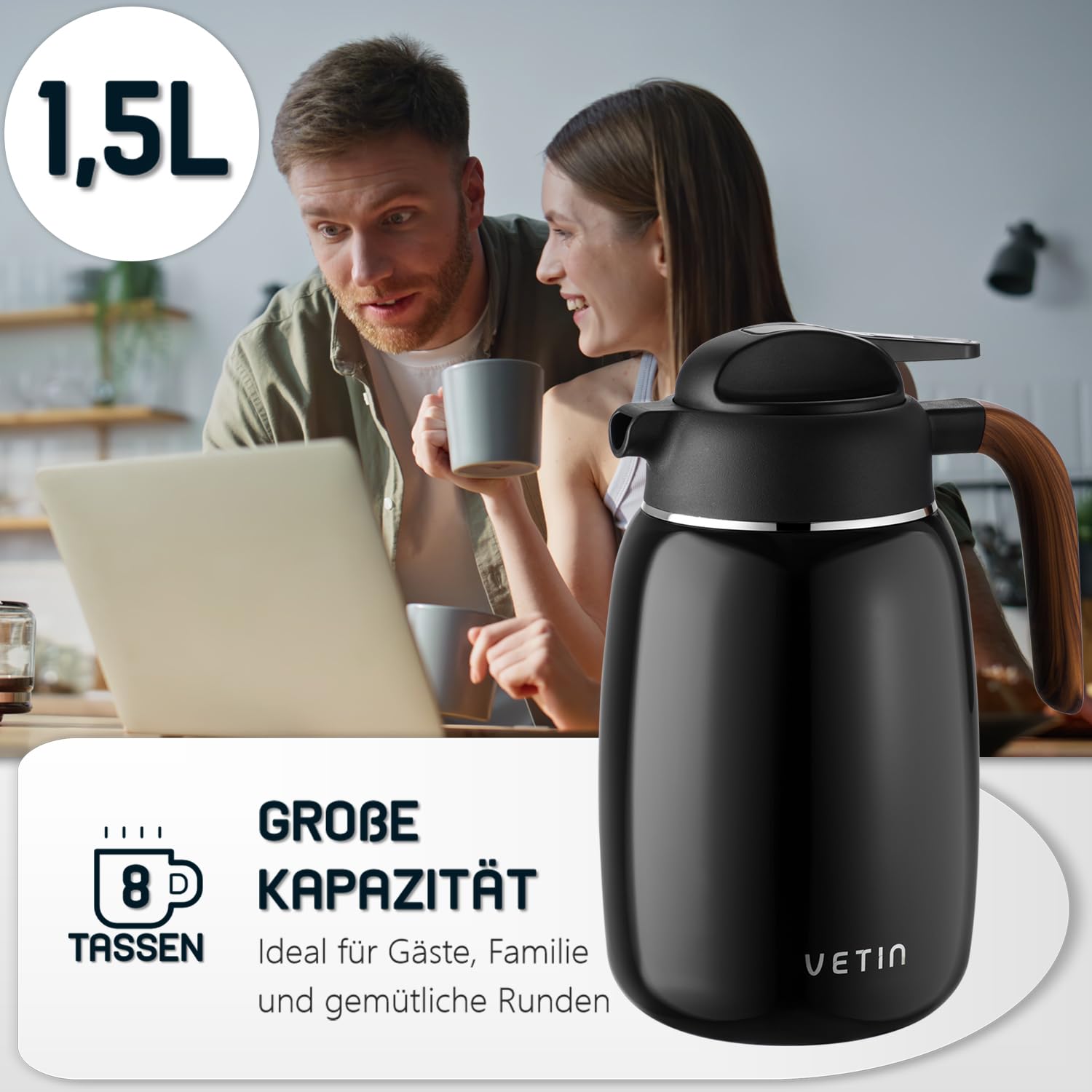 VETIN Termo con colador de té de 1,5 l, jarra térmica de doble pared de acero inoxidable 304, tetera térmica con colador, jarra térmica de 12 horas de calor/24 horas de frío (negro)