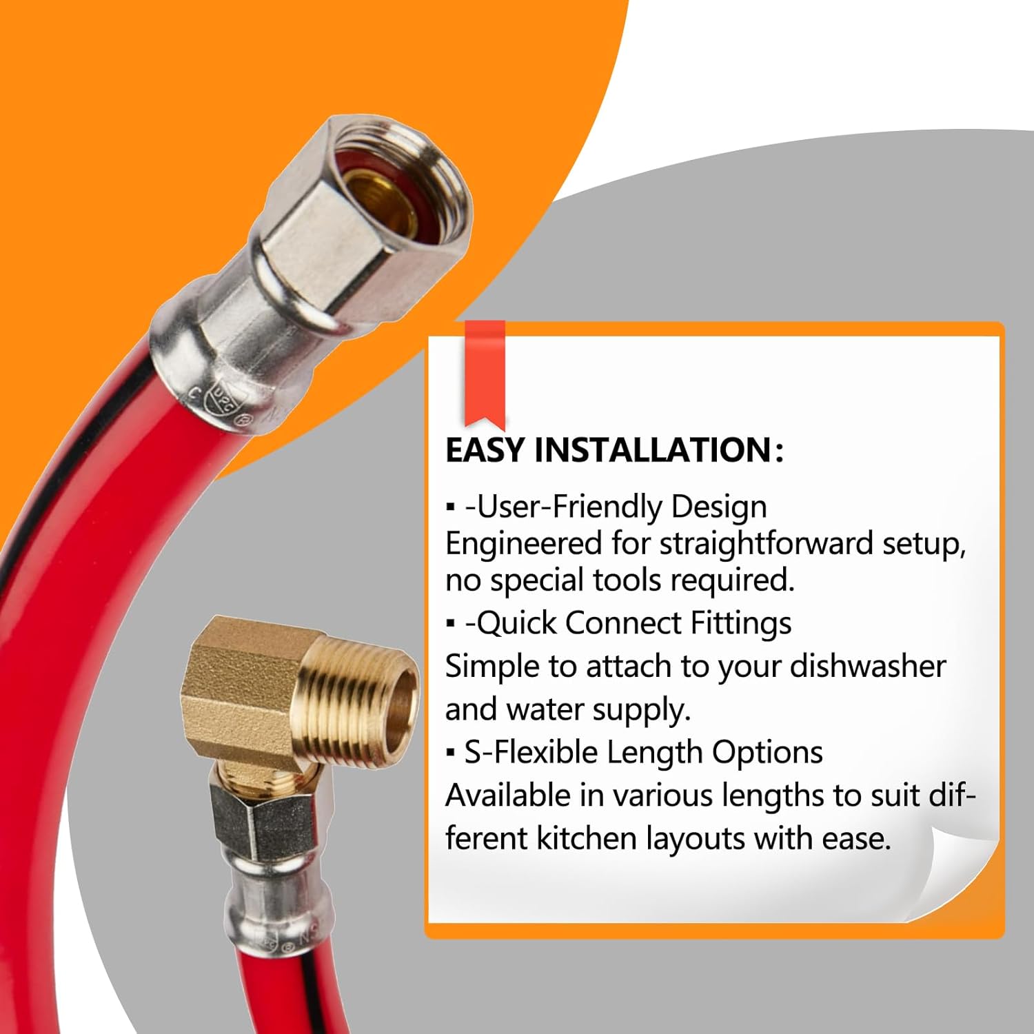 1-Pack HeSun 6 Feet Red PVC Dishwasher Hose, 3/8" Comp x Comp Water Supply Line, with Attached 90 Degree 3/8" MIP Elbow (6 Ft)