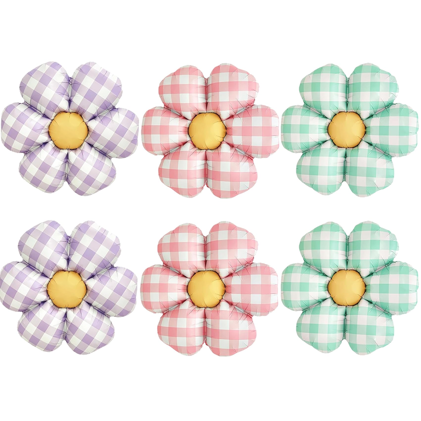 Photo 1 of 6Pcs Daisy Gingham Balloons, 28 Inch Gingham Flower Foil Balloons in Pink Purple Green, Spring Summer Party Decorations for Garden Picnic, Baby Shower, Birthday & Wedding Decor Helium Balloons