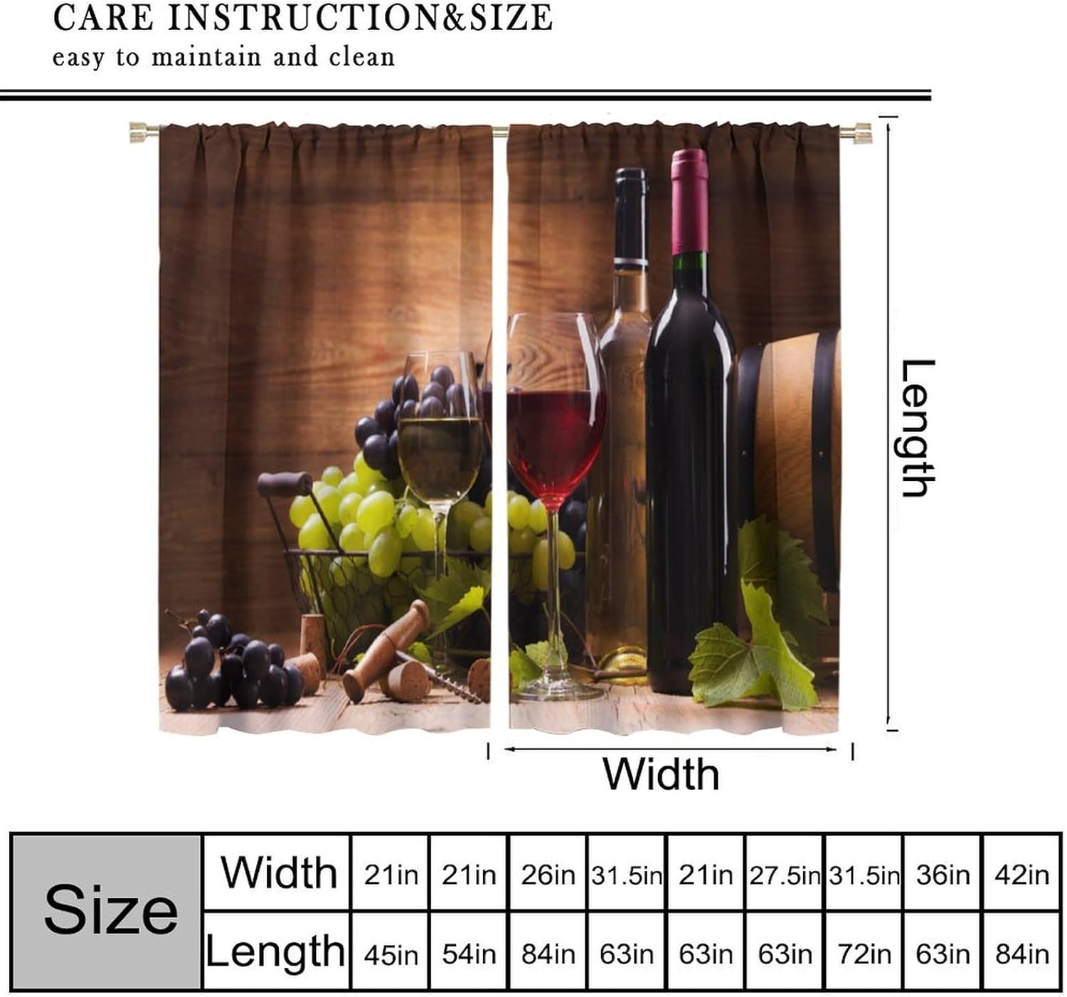 Rustic Wine Curtain,Glasses Red White Drink Grapes Pattern Blackout Window Treatments, Rod Pocket Thermal Insulated Drapes 2 Panels Sets for Bedroom Living Room Wine Cellar, 42" W X 63" L