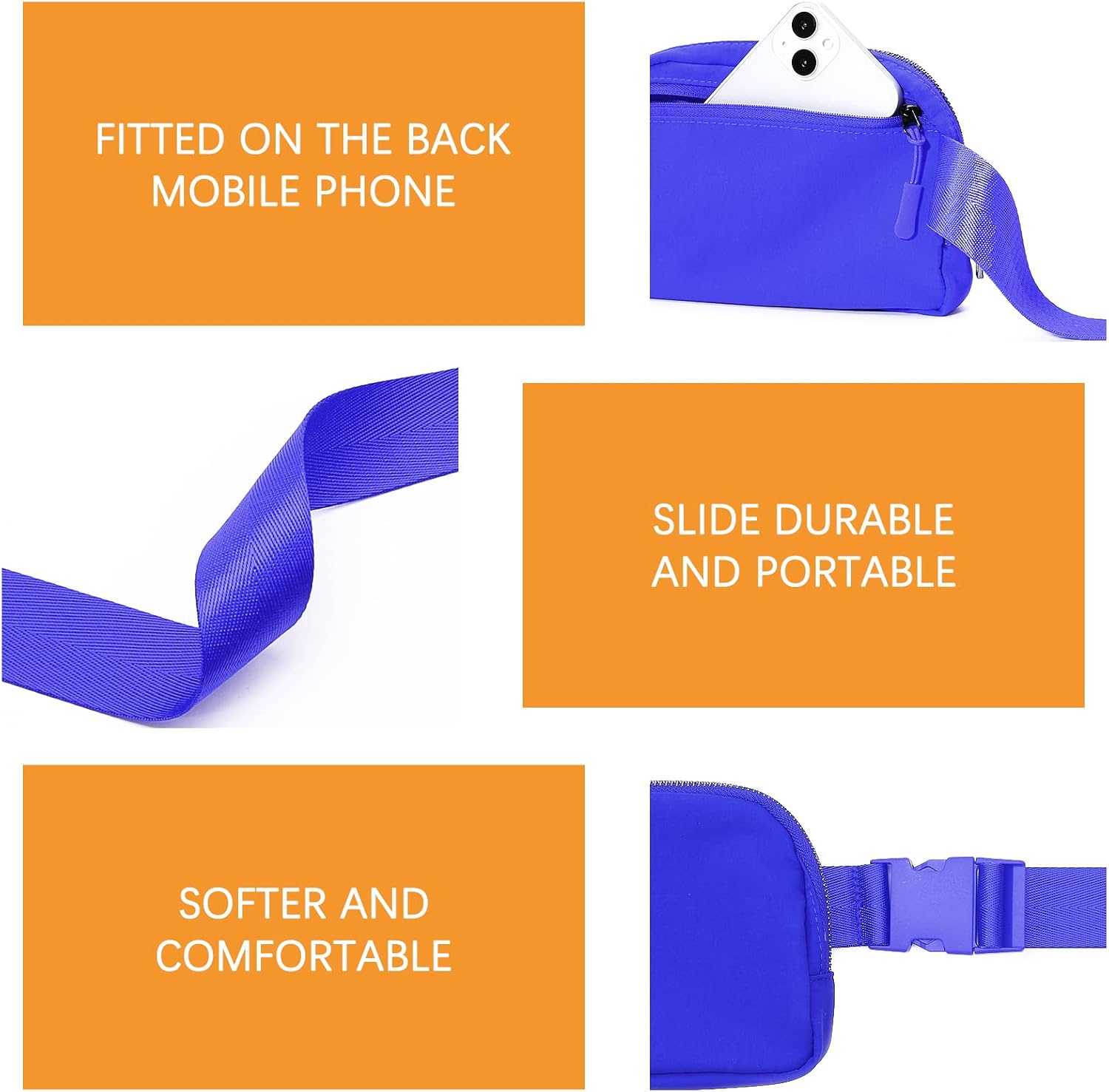 Belt Bag with Extender Strap 65'', Plus Size Fanny Pack Crossbody Bags for Women Men, Mini Everywhere Belt Bag, Fashion Small Waist Pouch (Royal blue + strap) - Image 6