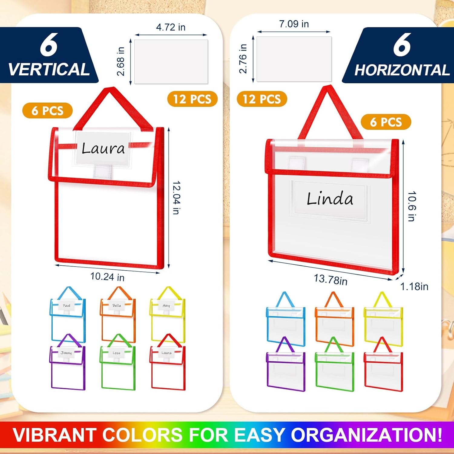 Teling 12 Pack Thick Clear Book Pouches with Blank Name Tags and Handles Book Baggies Bags Bins Organizer for School Classroom Library Pockets Students (14 x 11 Inch,Pastel Color)