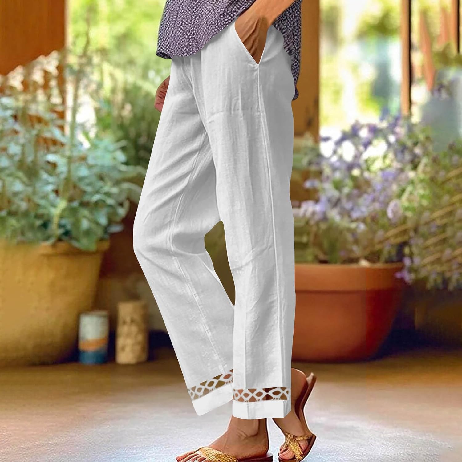 Summer Straight Leg Pants – Cotton Linen Elastic Waist with Lace Panel, Breathable Solid Color Trousers for Women