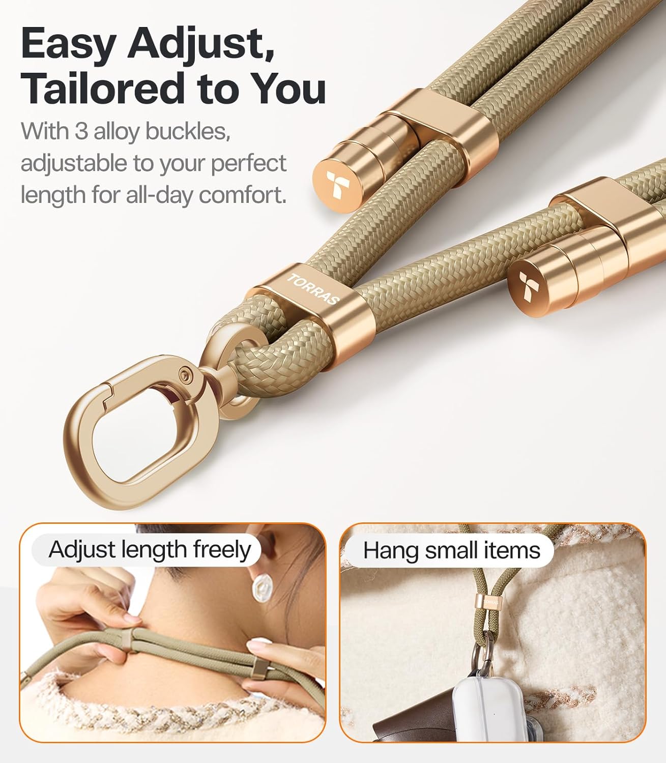 TORRAS Phone Lanyard Crossbody with 2 Phone Tabs, Adjustable Anti Theft Phone Strap for iPhone 17 Pro Max, Premium Metal Buckles, Universal Cell Phone Neck lanyard for Women and Men, Khaki - Image 3