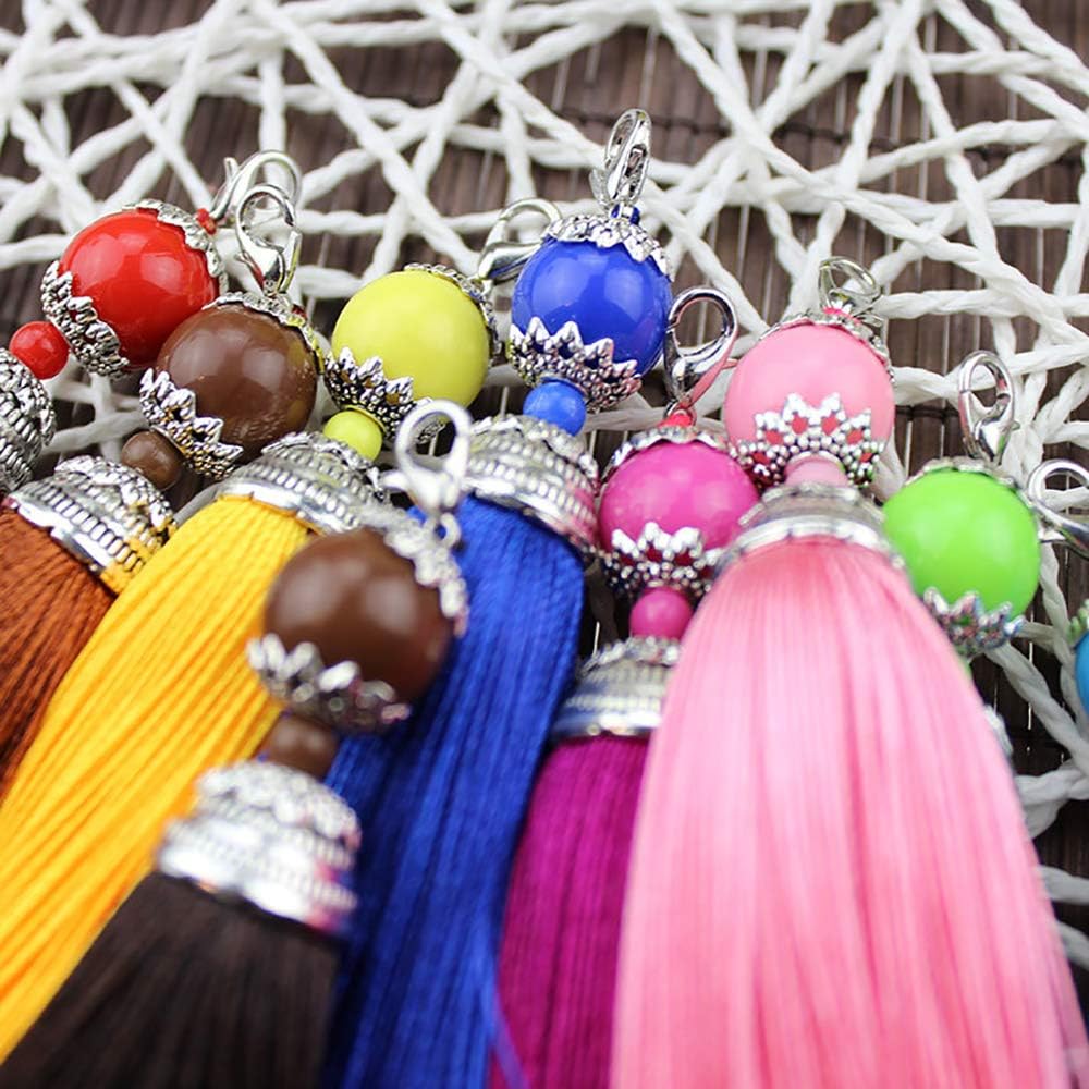Makhry 10pcs 6.3 Inches Handmade Silky Floss Lobster Clasp Tassel Key Chain Beads Bookmark Tassel Pendant for DIY Craft Jewelry Women Earring (Multi - Image 4