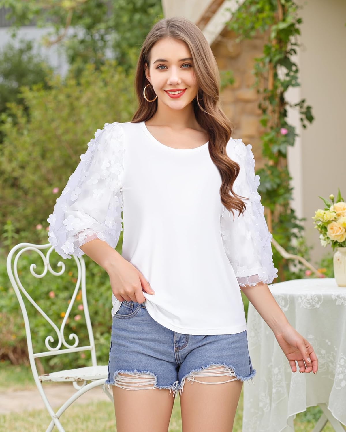 Women Blouses Summer Casual Crew Neck Cotton Tshirts 3/4 Puff Sleeve Mesh with Appliques Fall Tops Going Out - Image 2