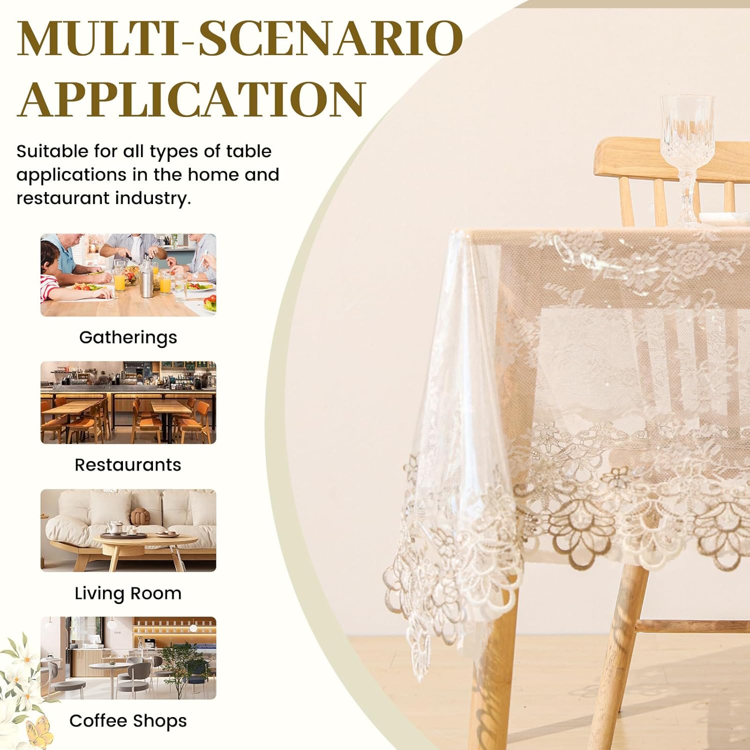 Qubjus 2-Piece Waterproof Tablecloth Set - Crystal Clear PVC & Vinyl Table Cover with Embroidered Lace Trim for Weddings, Camping, Restaurants (60x78 Inch, Champagne Floral)