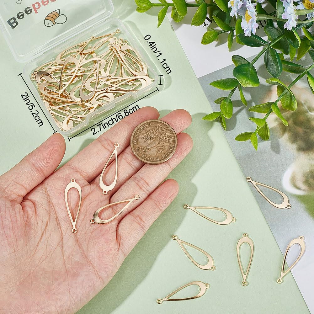 Beebeecraft 1 Box 50Pcs Teardrops Link Ring 24K Gold Plated Brass Hollow Drop Frames Open Bezel Charms with 2 Loop for DIY Crafts Jewelry Making