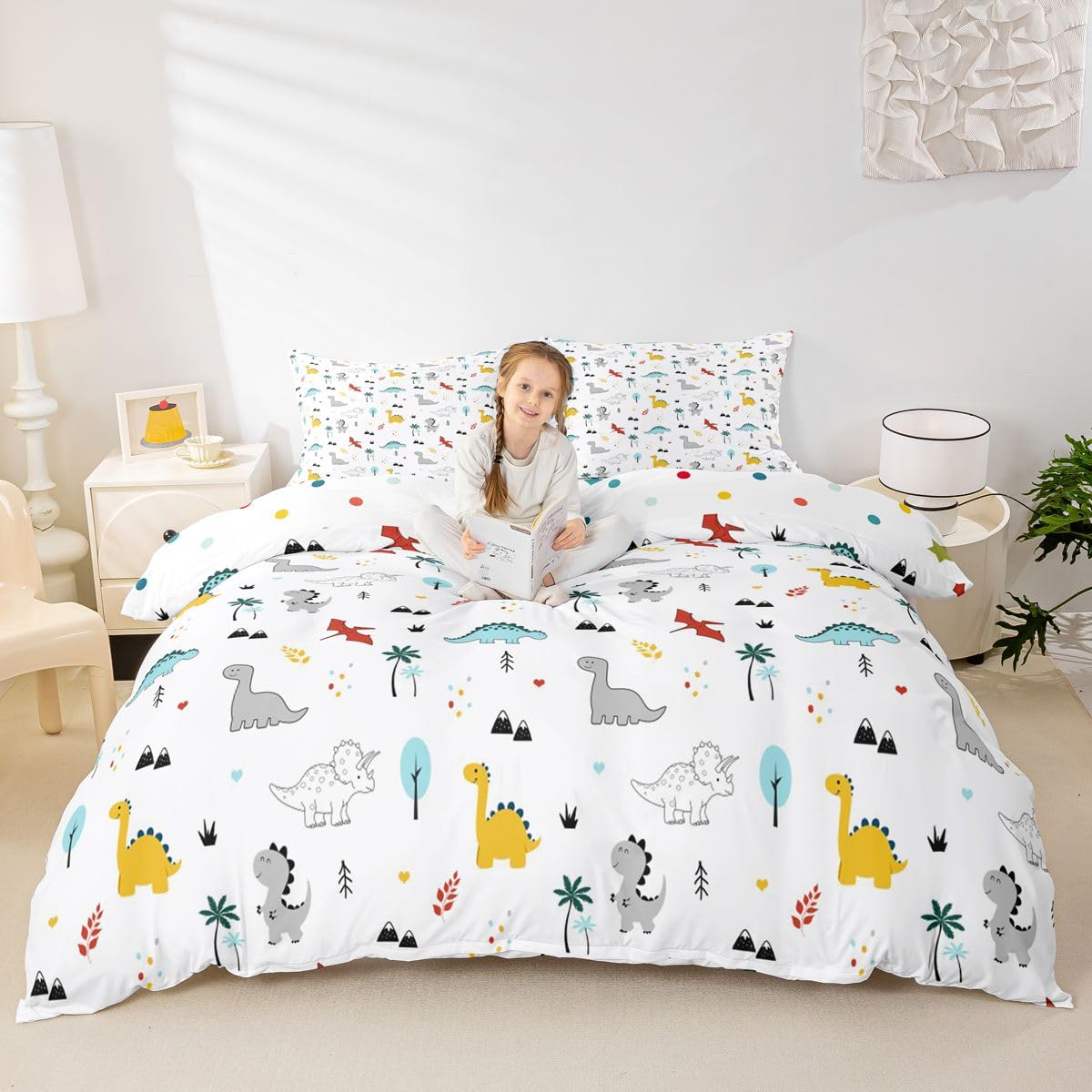 Erosebridal Dinosaur Comforter Cover for Kids Boys Cute Cartoon Dinosaur Bedding Set Home Bedroom Decor Duvet Cover Girls Teens Jungle Animals Pattern Soft Reversible Bedspread, Full Size