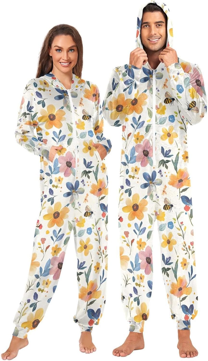 ZZKKO Watercolor Flower Bee Adult Onesie Pajamas for Women Men Cozy One Piece Pajamas Costume Zip-Up Hooded S-XL