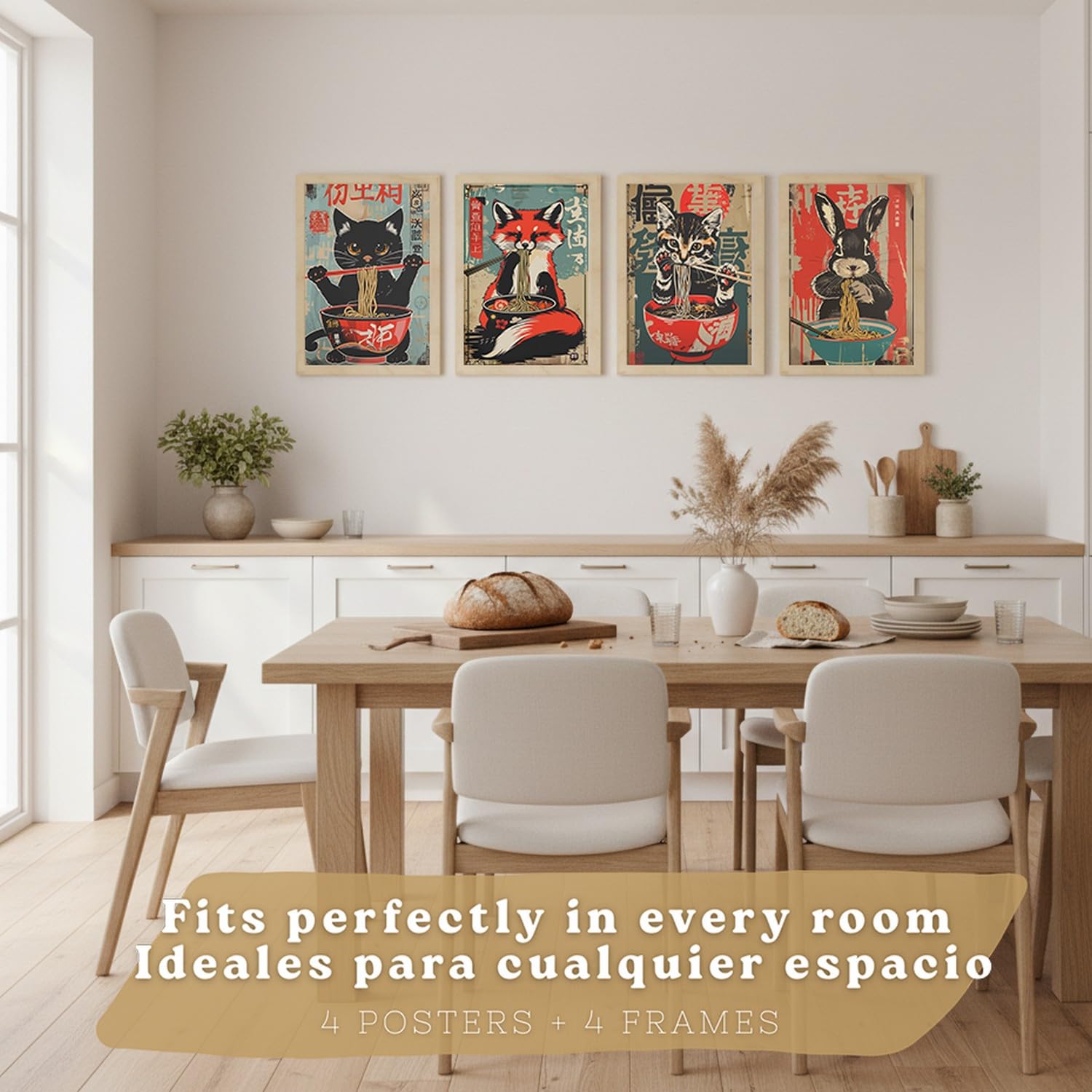 Nacnic Set De 4 Láminas Animales Ramen Japonés Cuadros Cocina Gato Zorro Y Conejo Comiendo Noodles Póster Decoración Pared A3 Marco Madera Clara