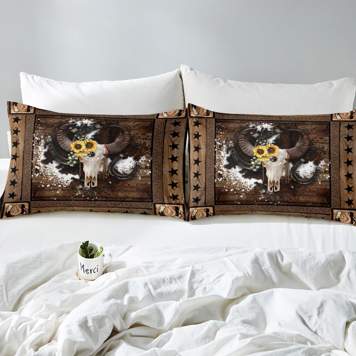 Cow Skull Kids Duvet Cover Double Size,Western Cowboy Texas Star Horseshoes Bedding Set,Boys Girls Adults Room Decor,Cow Fur Wooden Plank Rustic Comforter Cover,Brown Quilt Cover,2 Pillowcases - Image 4