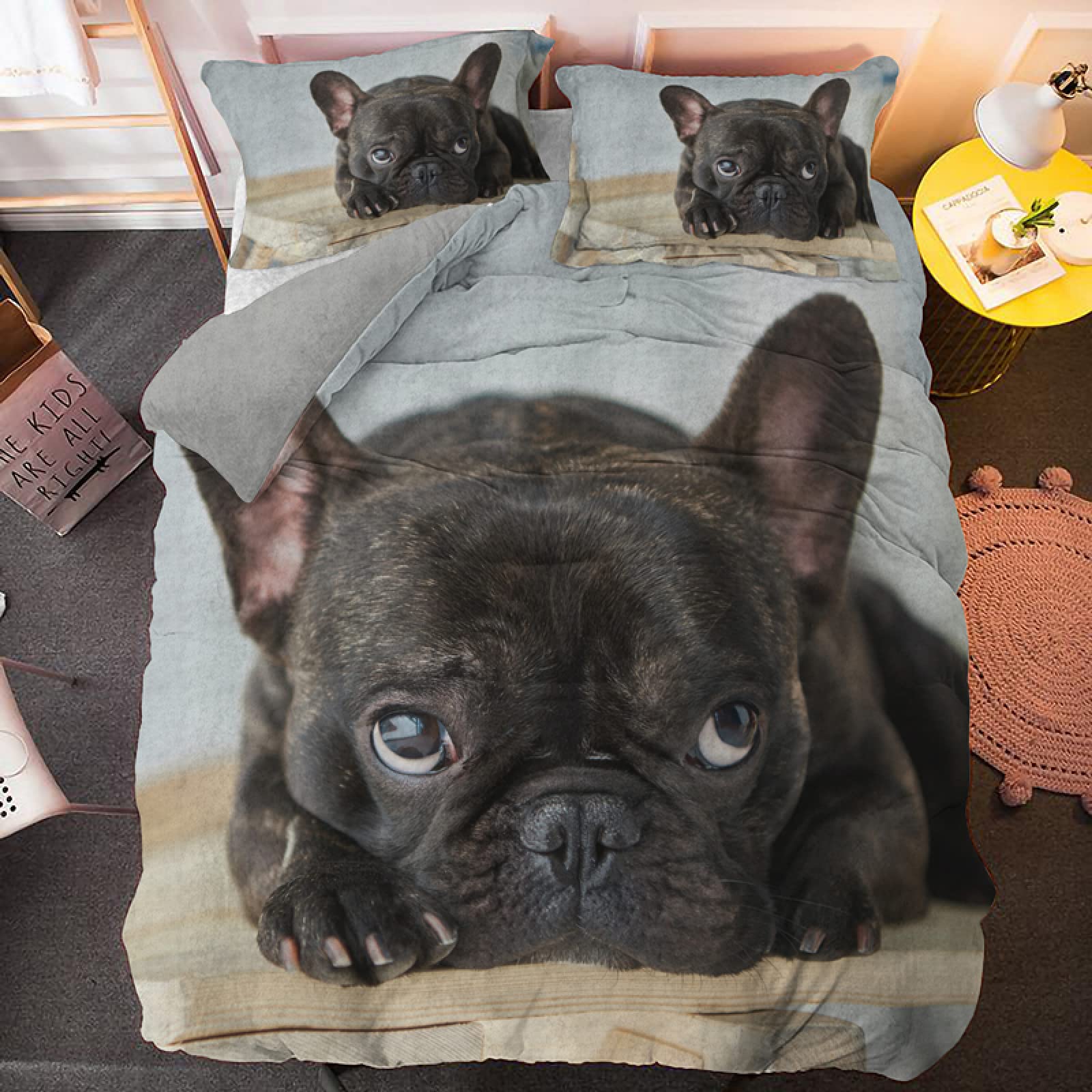 Housse de couette bouledogue français 220x240 pour une chambre cocooning et moderne de 2 personnes