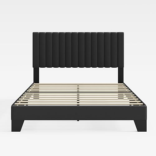 Miniatura 9 de Marco de cama tamaño Queen, cama plataforma tapizada en terciopelo con cabecero acolchado ajustable, marco resistente y listones, silencioso, no