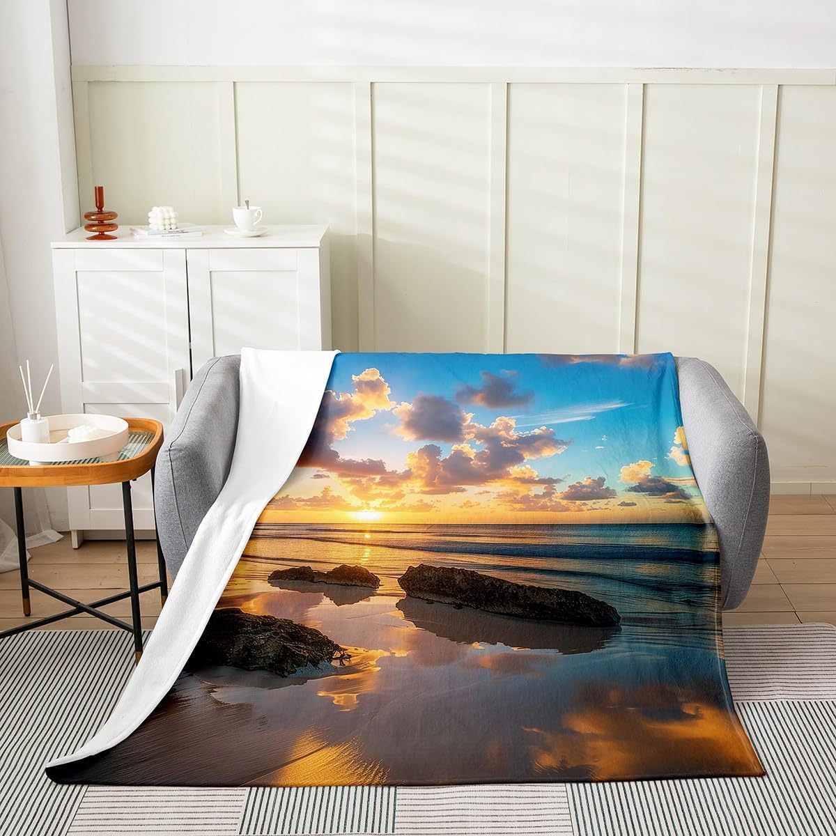 Tropical Palm Trees Fleece Blanket,Hawaii Style Summer Seaside Bed Blanket for Kids Teens,Watercolor Pink Blue Sunset Sky Paint Flannel Blanket for Room Decor,Queen 90"x90"