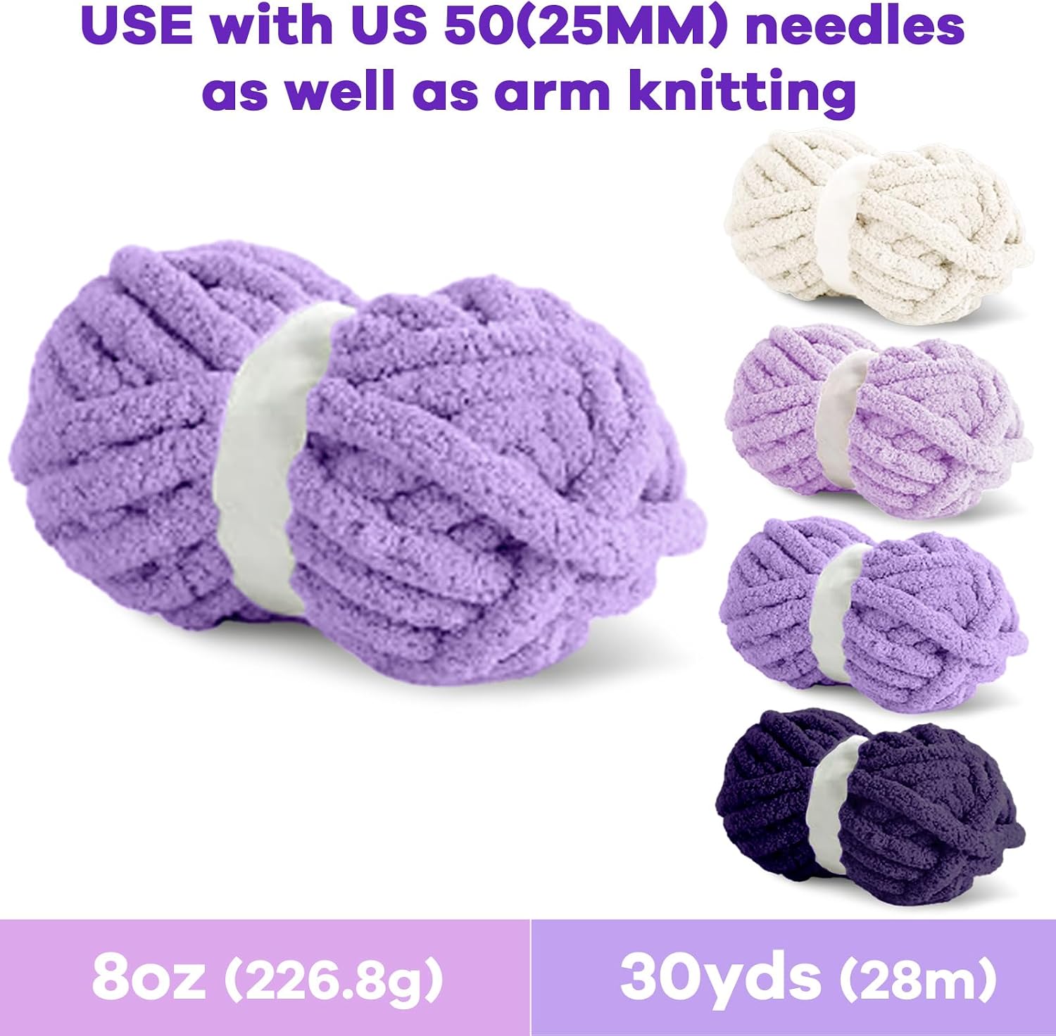 8 Packs Jumbo Purple Chunky Chenille Yarn for Crocheting, Bulky Thick Fluffy Yarn for Knitting, Super Bulky Chunky Yarns for Hand Knitting Blanket (27 yds,8 oz Each Skein)