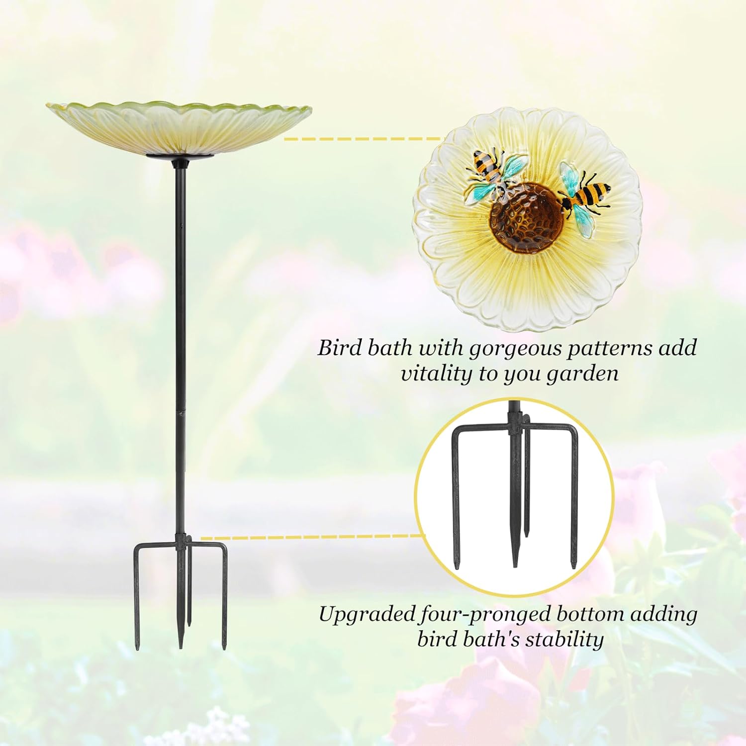 Bird Baths for Outdoors, Glass Birdbaths Outdoor Garden Birdfeeder with Metal Stake for Lawn Yard Decor, 24 Inch Height, Yellow