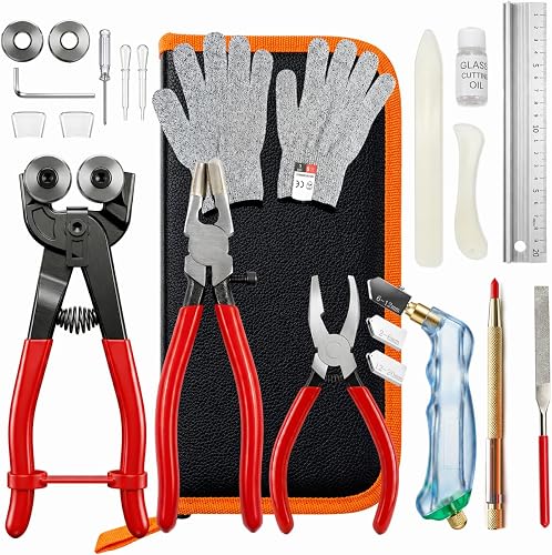 MEEFAUE 24PCS Stained Glass Kit, Professional Glass Cutters Tools Kit with Wheeled Glass Nipper, Running & Grozer Pliers, 2-20mm Glass Cutter, Cutting Oil, Safety Gloves & Ruler for Mosaic,Tile,DIY