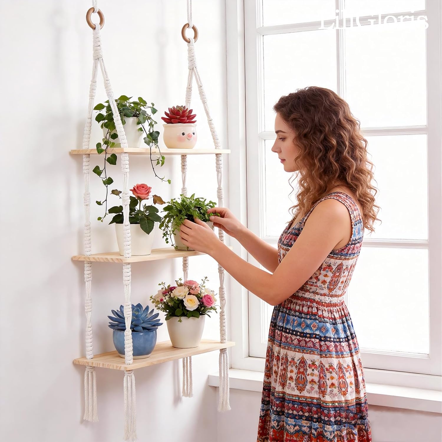 Boho Hanging Shelves for Wall - Rustic Floating Wood Shelves with Rope, Macrame Plant Shelf Organizer for Home Decor - Farmhouse, Bohemian Style for Bedroom (3-Tier Boho Style Shelf)