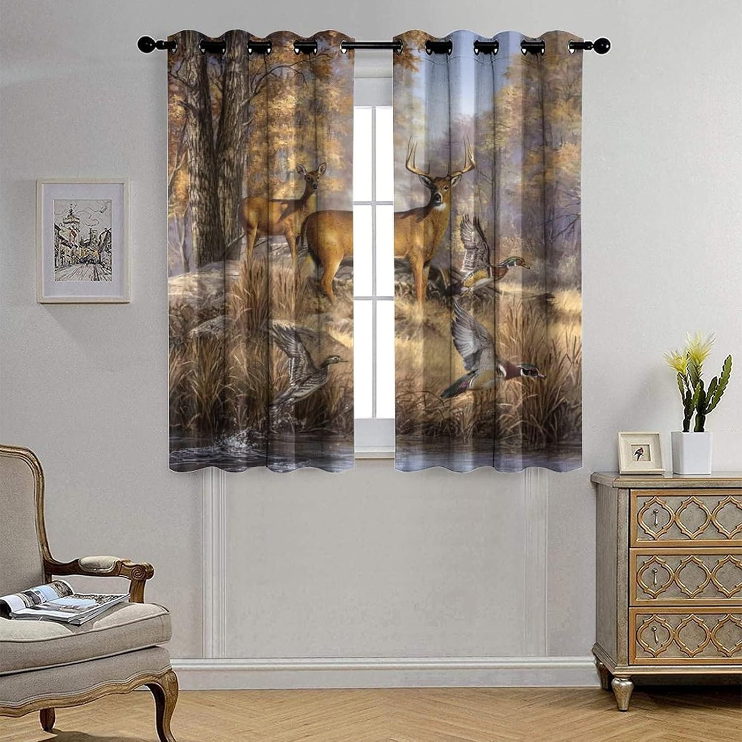Rustic Cabin Deer Blackout Curtains for Bedroom,Vintage Country Farmhouse Fall Forest Wildlife Pheasants Print Grommet Thermal Insulated Room Darkening Window Curtains 2 Panels 45L x 21W