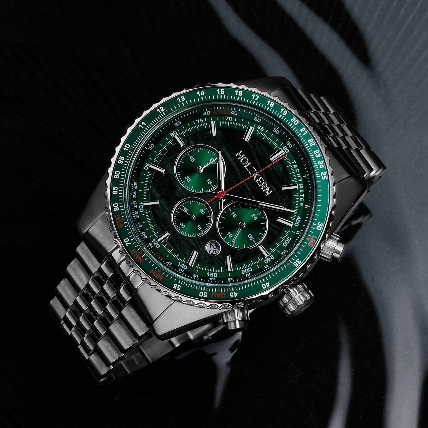 HOLZKERN Herrenuhr Chronograph Openhorizon Marmor Grün/Silberfarben