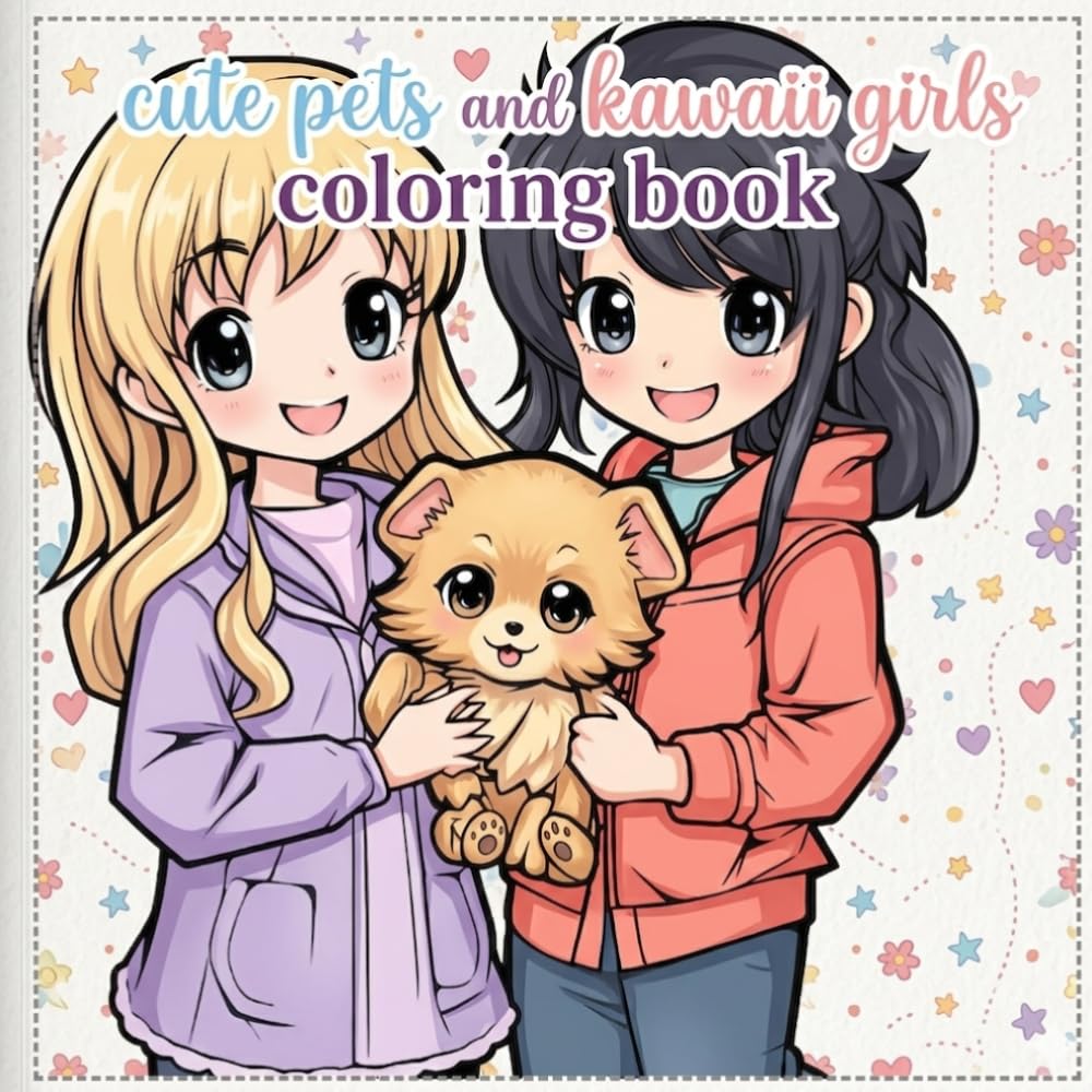 Cute pets and kawaii girls coloring book: Adorable Animals and Charming Girls for Relaxing Creativity