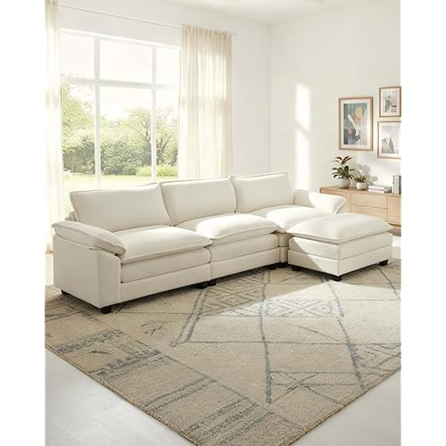 Karl home Sectional Sofa Modular Deep Seat Sofa Couch with Ottoman, Teddy Fleece Sofa Sleeper Comfy Upholstered Furniture for Living Room, Apartment, Studio, Office, (3-Seat & 1-Ottoman, Teddy Beige)