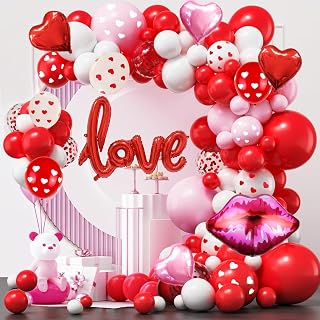 128pcs Valentine's Day Balloons Garland Arch Kit Include Red Pink White Balloons,Heart Printed Balloons, Foil Mylar Heart Balloons, Valentines Wedding Party Decoration Supplies