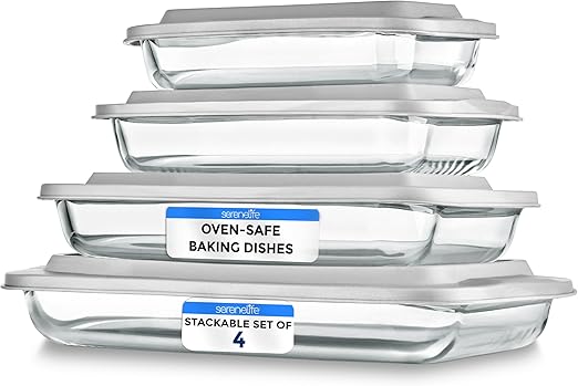 SereneLife 8-Piece Glass Baking Dish with Lids Set - (4 Heavy Duty Rectangular Glass Baking Pan with 4 BPA-Free Lids), Oven-Safe Bakeware for Lasagna, Meats, Desserts - Dishwasher Safe, White
