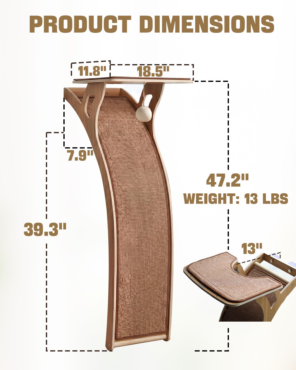 JKXJKX 119,4 cm pavimento finestra gatto trespolo con rampa graffio curva, 36,3 kg resistente finestra letto sedile con ventose, mobili per gatti di grandi dimensioni indoor bird watching