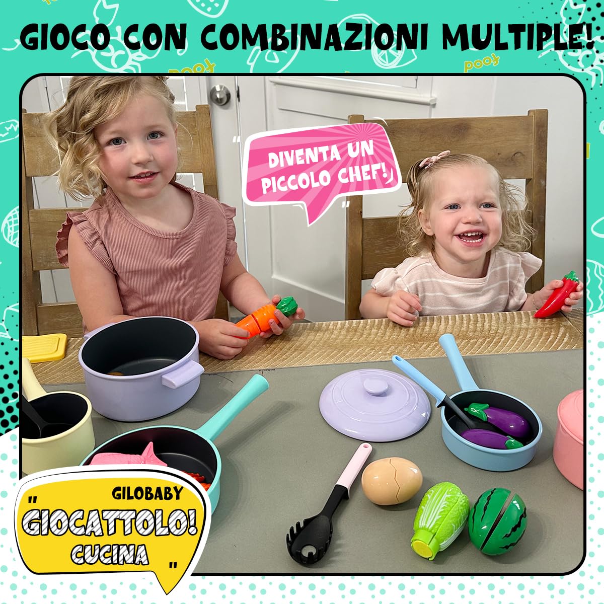 GILOBABY Cucina Giocattolo per Bambini, Accessori con Taglio Cibo Verdura, Pentole e Padelle, Giochi di Ruolo Regalo per Ragazze e Ragazzi dai 3 Anni - Rosa