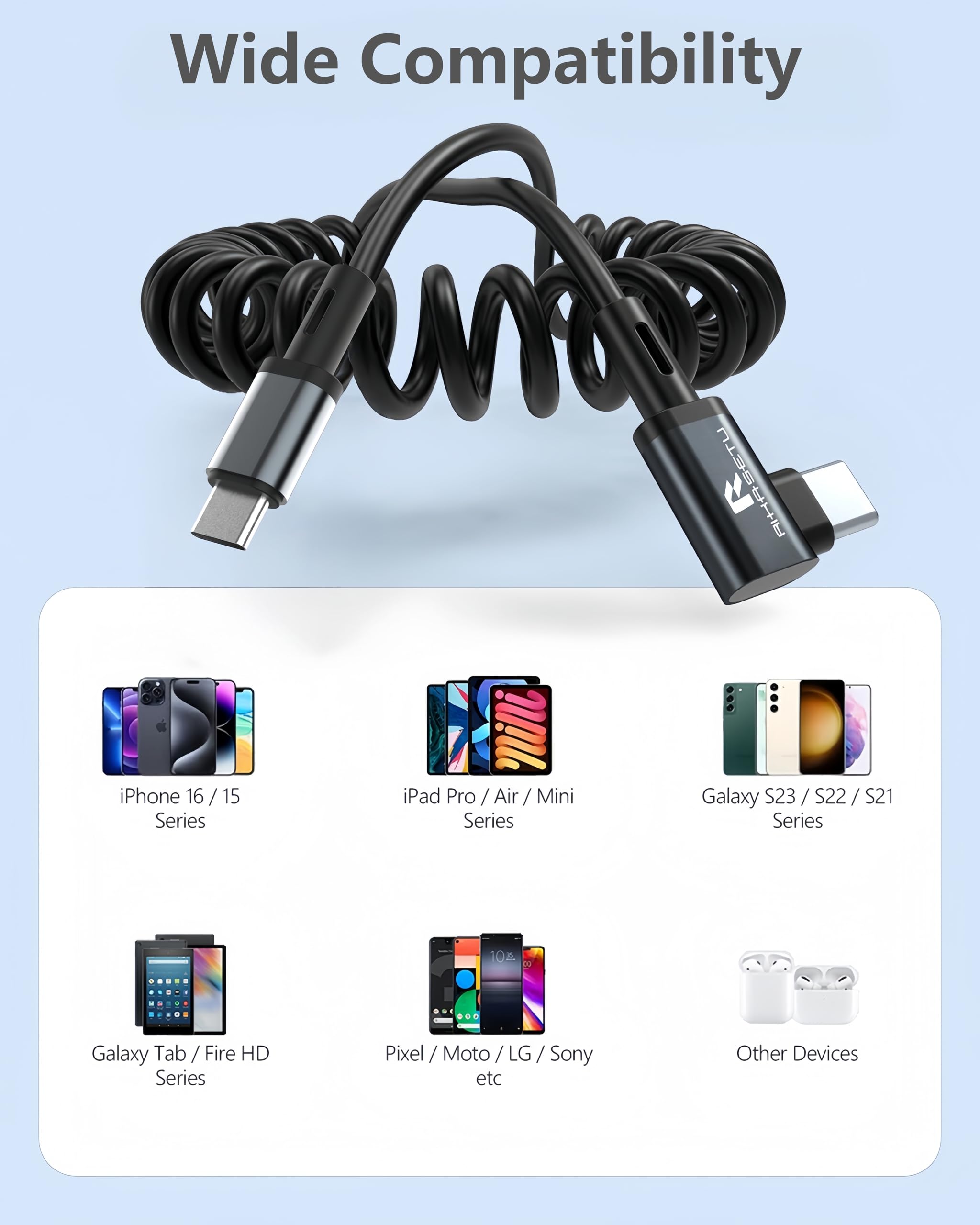Cable USB C en espiral en ángulo recto USB C a USB C en espiral para Android Auto/Carplay, carga rápida USB tipo C, longitud recomendada [1.5 pies a 4 pies, paquete de 2] para iPhone 16/15 Series