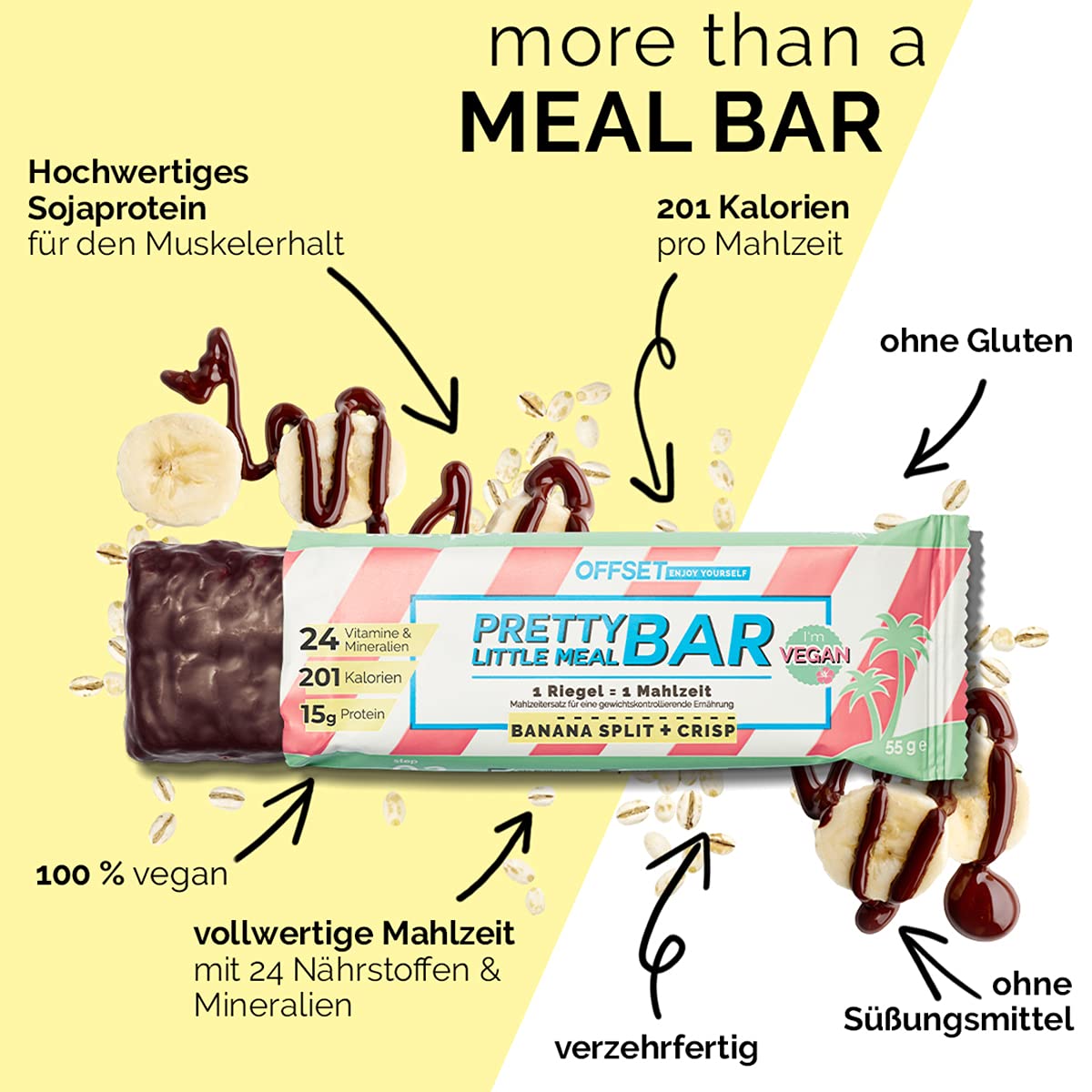 Vollwertiger Mahlzeitenersatz von OFFSET Nutrition ® | Pretty Little Meal Bar Banana Split + Crisp | zuckerreduzierter Abnehm Riegel unter 220 Kalorien | 330 g für 6 Mahlzeiten | 100 % vegan