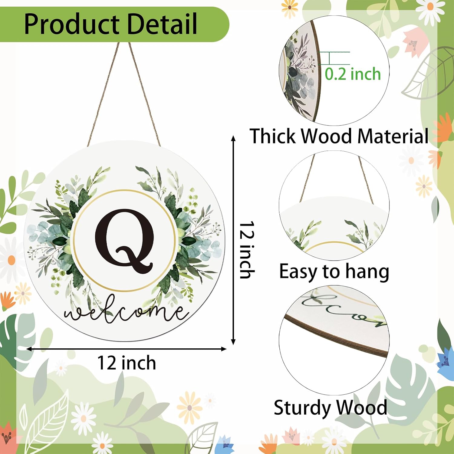 Monogram Letter Q Wreaths for Front Door Wreath Wooden Welcome Sign for Front Door Decor Floral Family Last Name Initial House Warming Spring Summer Porch Rustic Wall Home Kitchen Boho Decorations