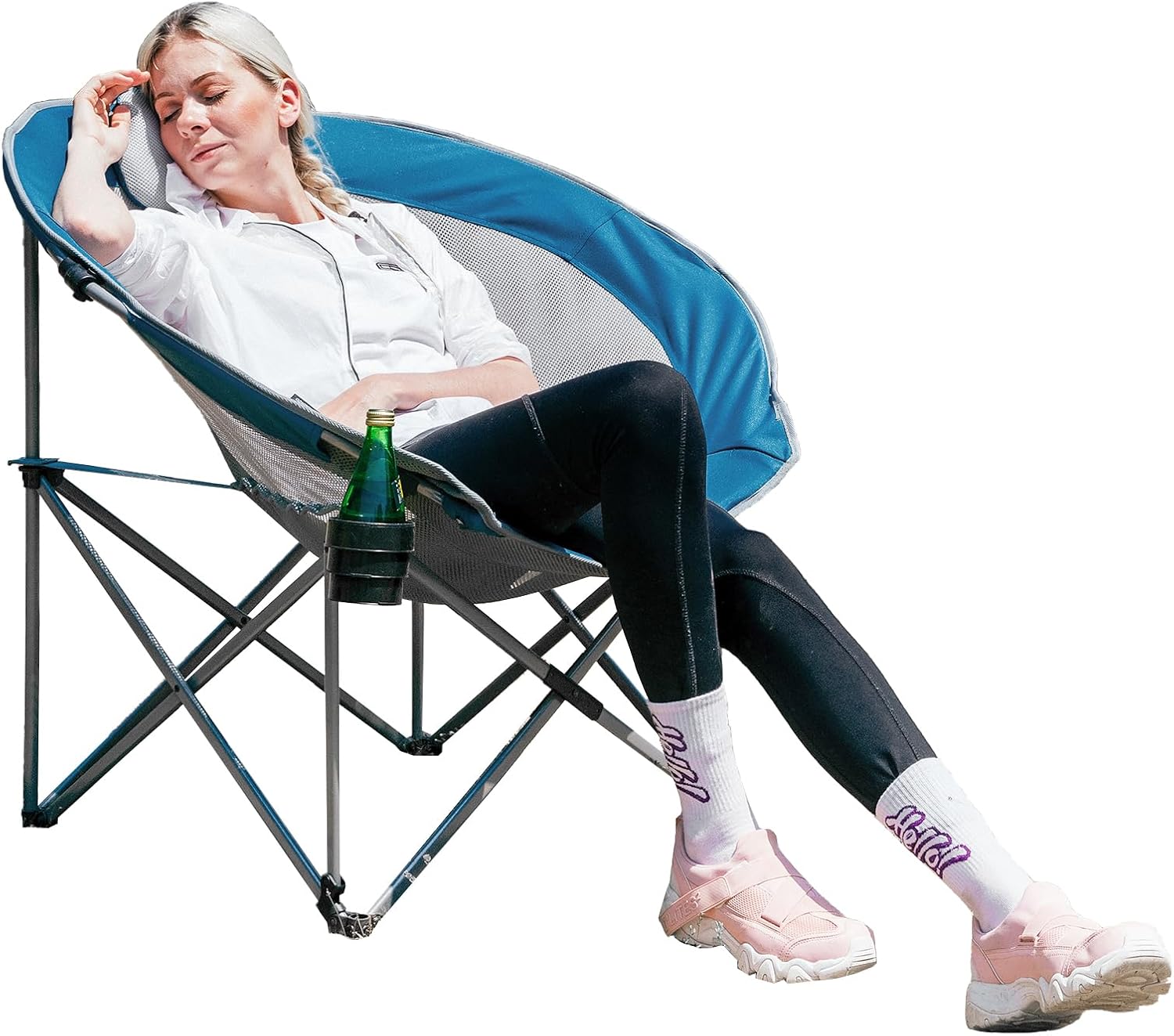#WEJOY Folding Camping Chair Oversized Moon Chairs for Adult Support Up to 300lbs Mesh Saucer Chairs with Headrest and Cup Holder for Camping,Lawn,Hiking,Picnic,Sports(Cyan/Grey)
