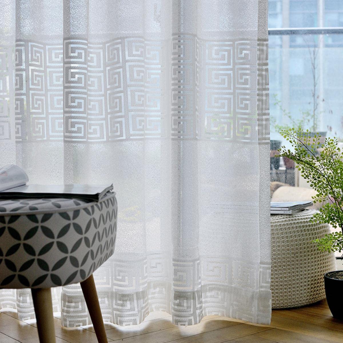 Rideaux en Tulle Blanc Moderne pour Salon Chambre voilages géométriques Rideaux pour fenêtres-Tulle Blanc, W300xL260cm 1PC,Chine,Crochets