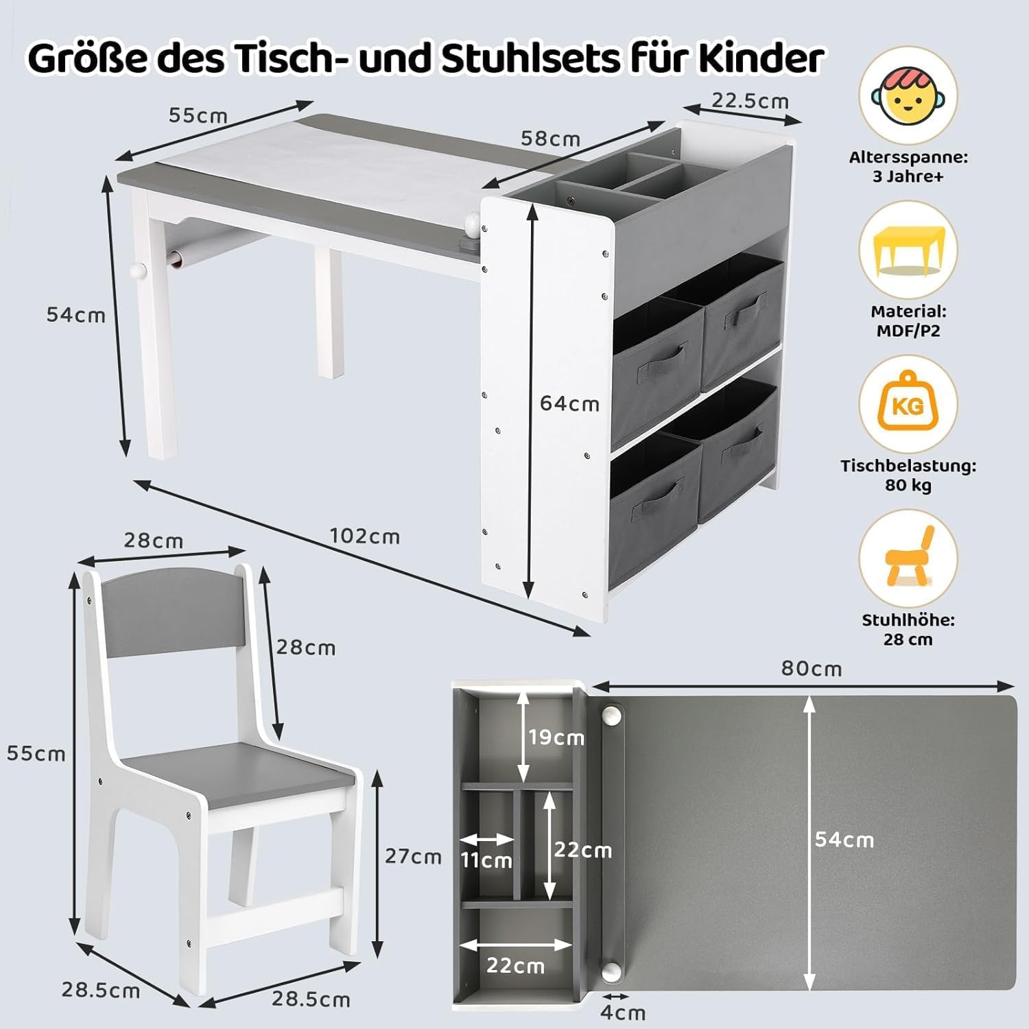 MAMIZO Kindertisch mit 2 PCS Stühlen, Maltisch & Basteltisch Kinder, Tisch & Stühle Kinderzimmer Set, Spieltisch mit Stauraum für Kinder ab 3 Jahren (Grau Weiß)
