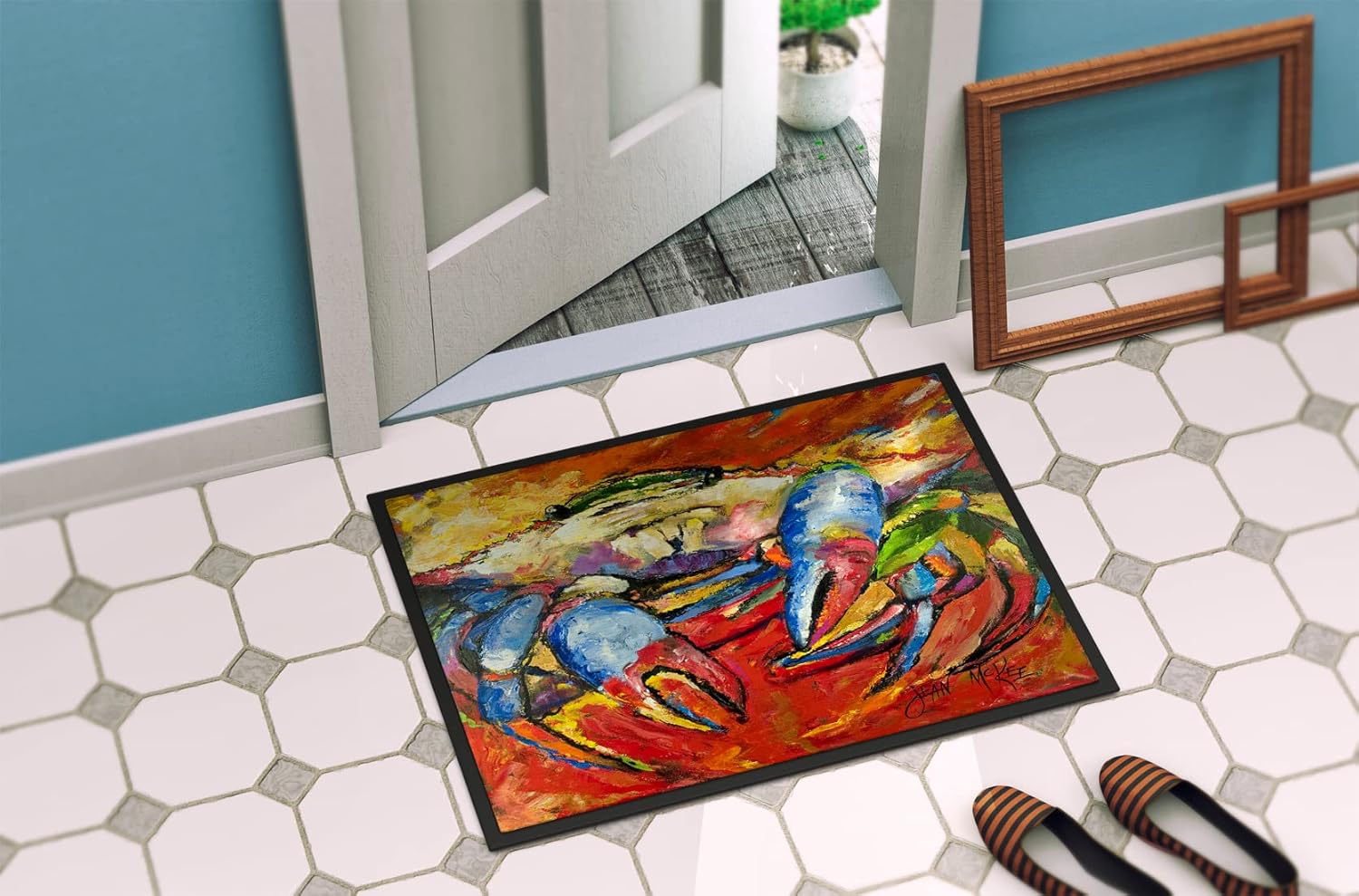 Caroline's Treasures JMK1107MAT Blue Crab Red Doormat 18x27 Front Door Mat Indoor Outdoor Rugs for Entryway, Non Slip Washable Low Pile, 18H X 27W