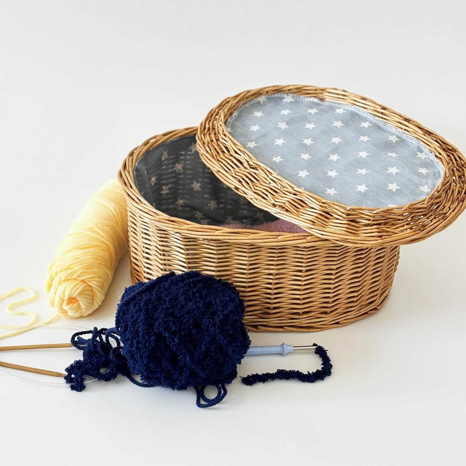 Sewing organizer,Willow Craft Storage Basket with Lid and Liner - Natural Woven Yarn Organizer for Knitting, embroidery,Sewing basket and DIY Crafts box (Oval(14.4" x 9.8" x 7.5"H))