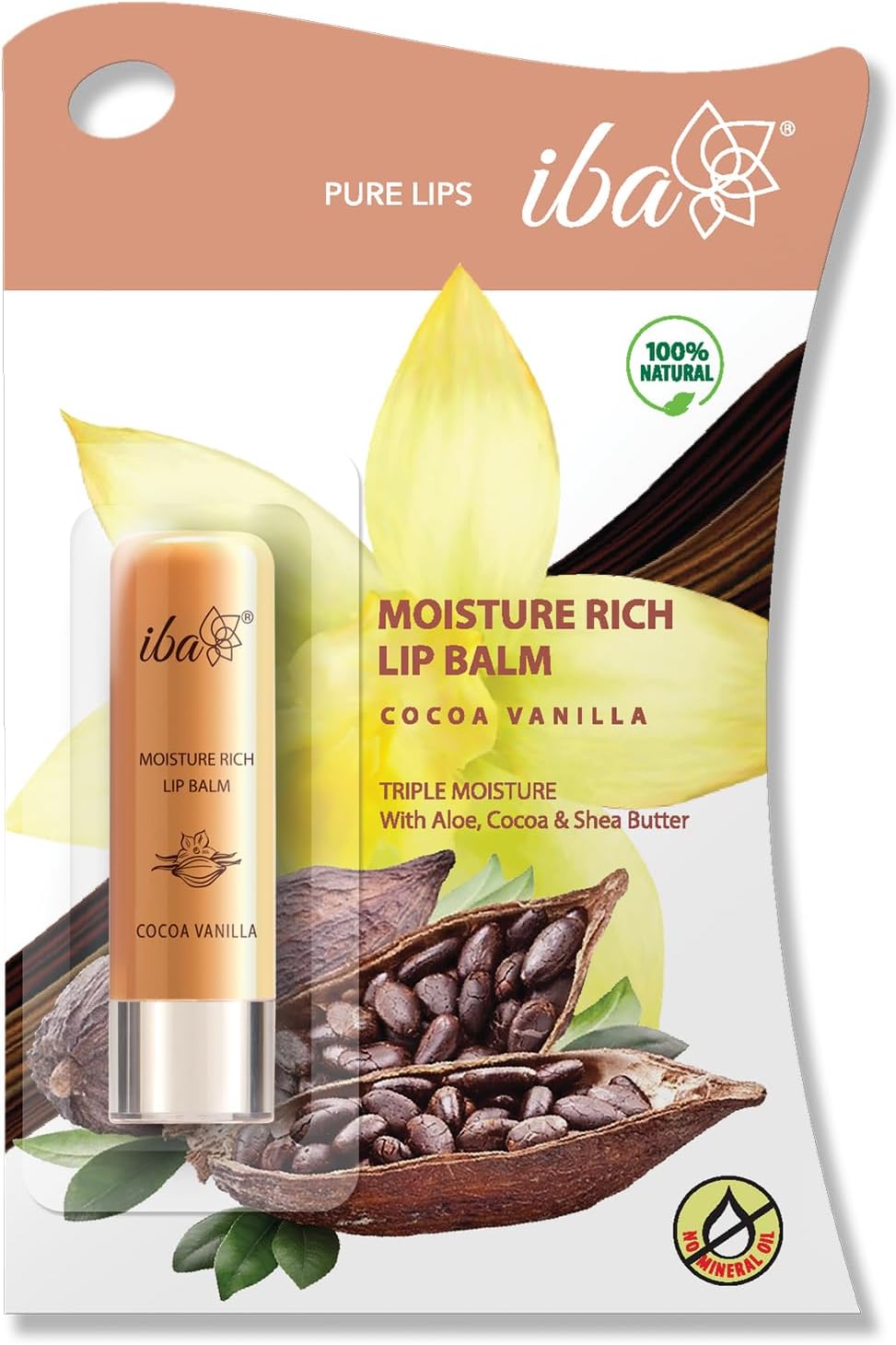 Iba Pure Lips Moisture Rich Lip Balm - Cocoa Vanilla 4.5 g | For Pigmented Dry Damaged & Chapped Lips | Enriched with Cocoa Butter Shea Butter | Glossy Finish | 100% Natural | Halal Certified & Vegan