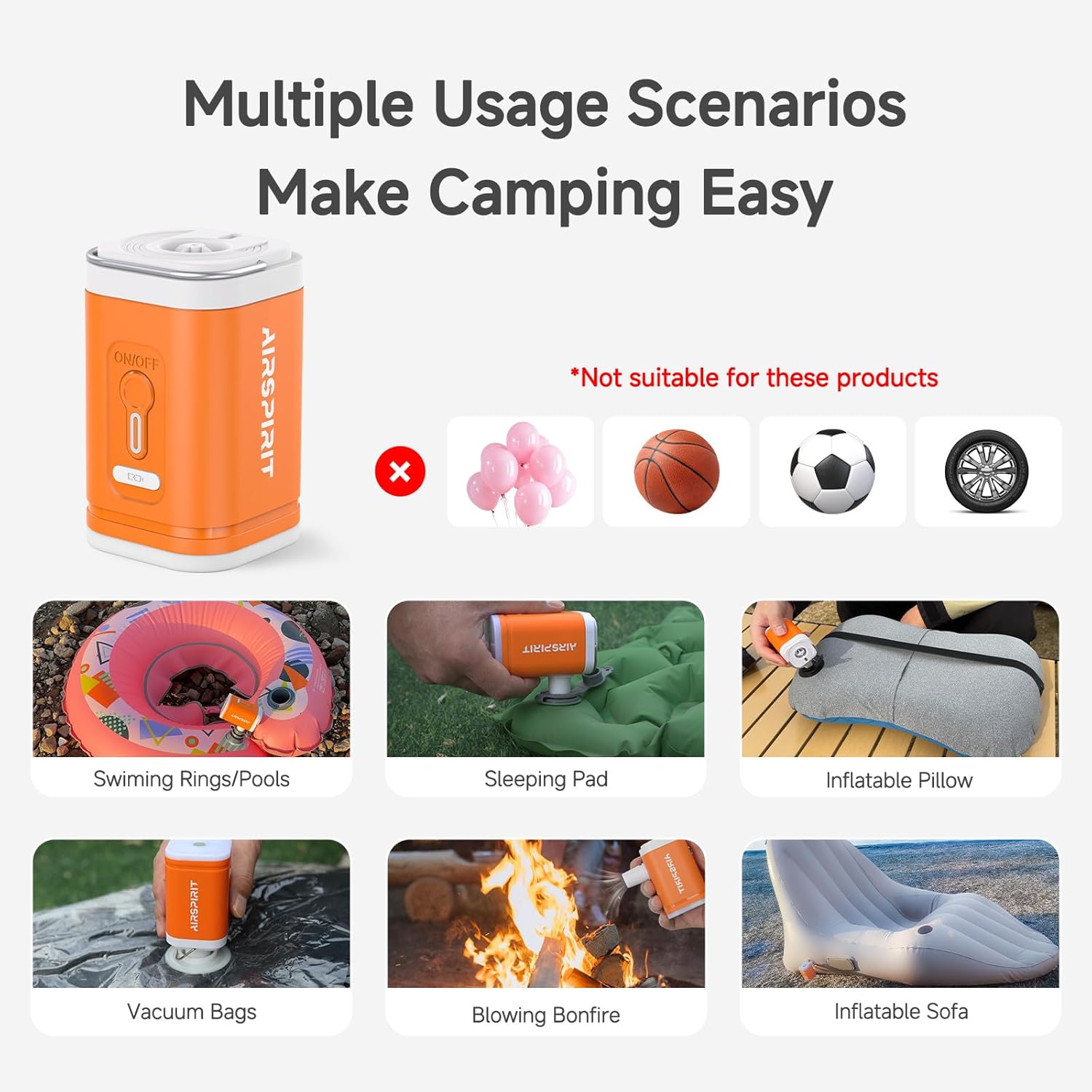 Portable Electric Mini Air Pump for Inflatables 2400mAh Rechargeable-Camping (SOS) Light,5 Universal Nozzles,Carabiner Clip-Fast Inflate/Deflate Pool Float/Air Mattress Bed/Vacuum Bag Home Storage - Image 8